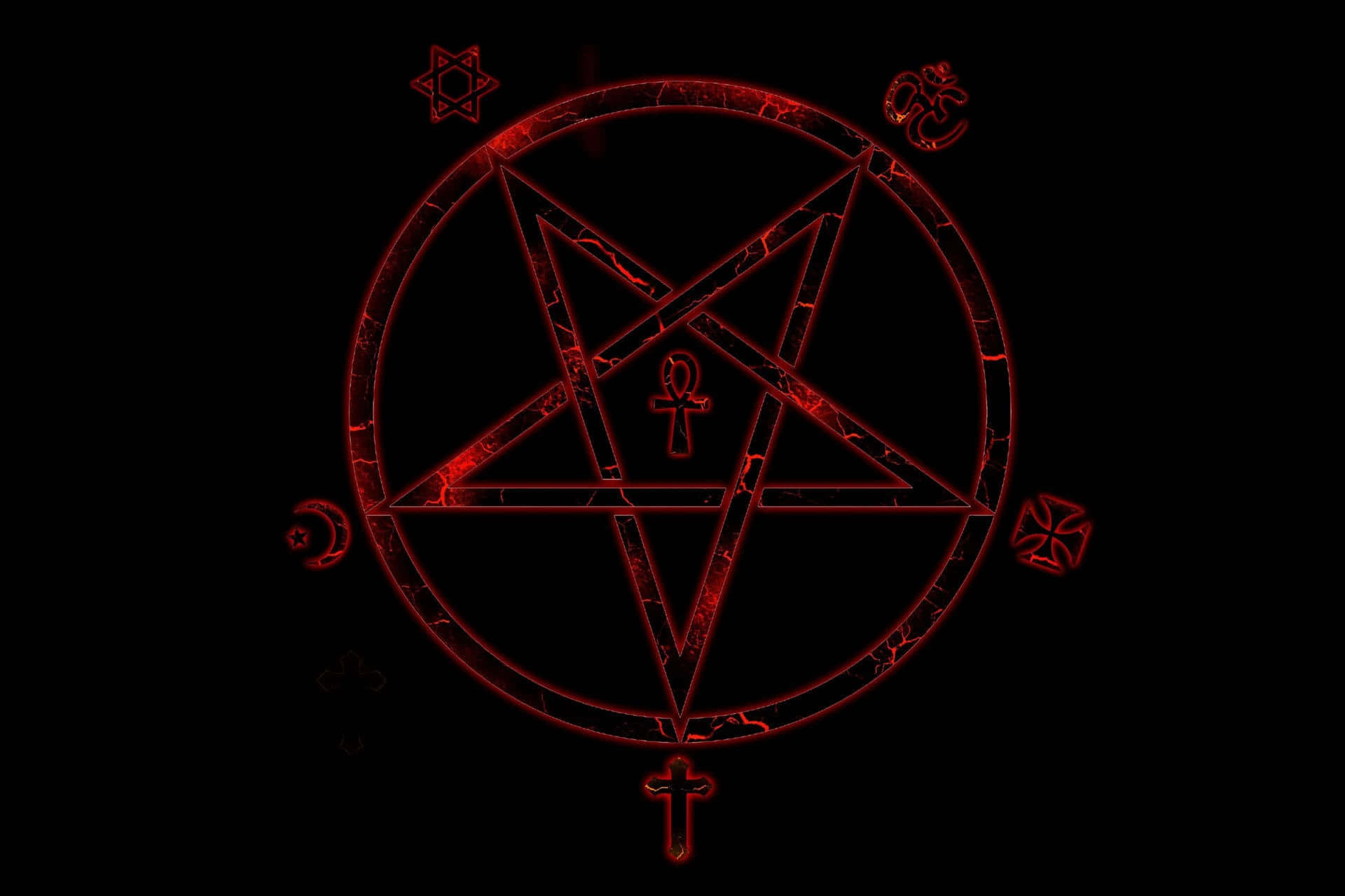 Occult 桌布 壁紙 — 一個發光的紅色五角星帶有神秘符號，在漆黑背景中散發光芒。