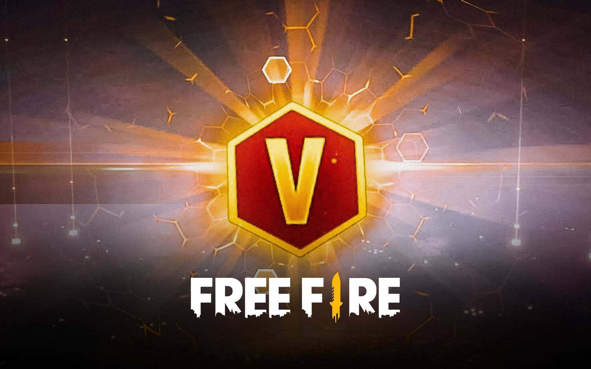 Free Fire Logo 桌布 壁紙 — 一個發光的紅色六邊形「V」標誌在黑暗的數位背景中迸發出金色光芒，背景中有漂浮的六邊形，下方有「FREE FIRE」文字。