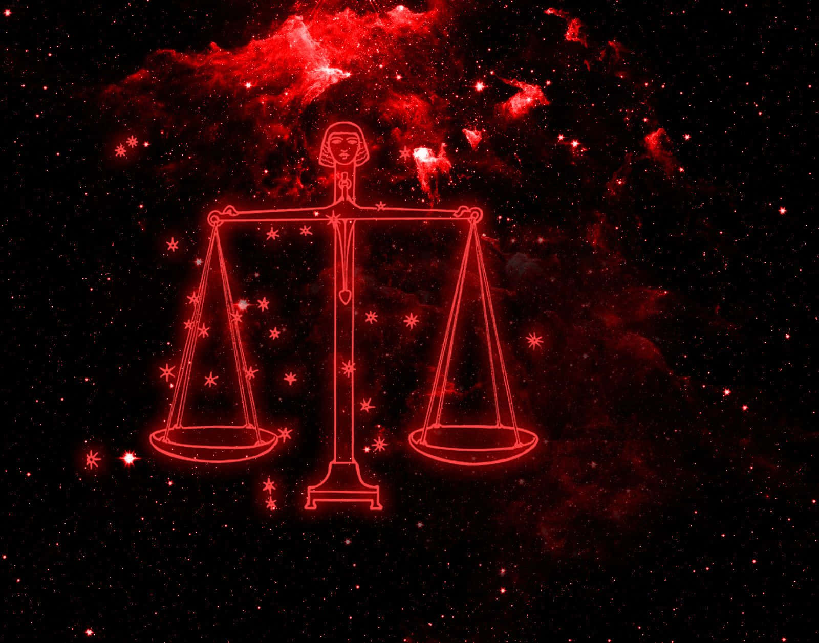 libra 桌布 壁紙 — 一個發光的紅色占星學天秤符號漂浮在充滿星星和星雲的宇宙背景上。