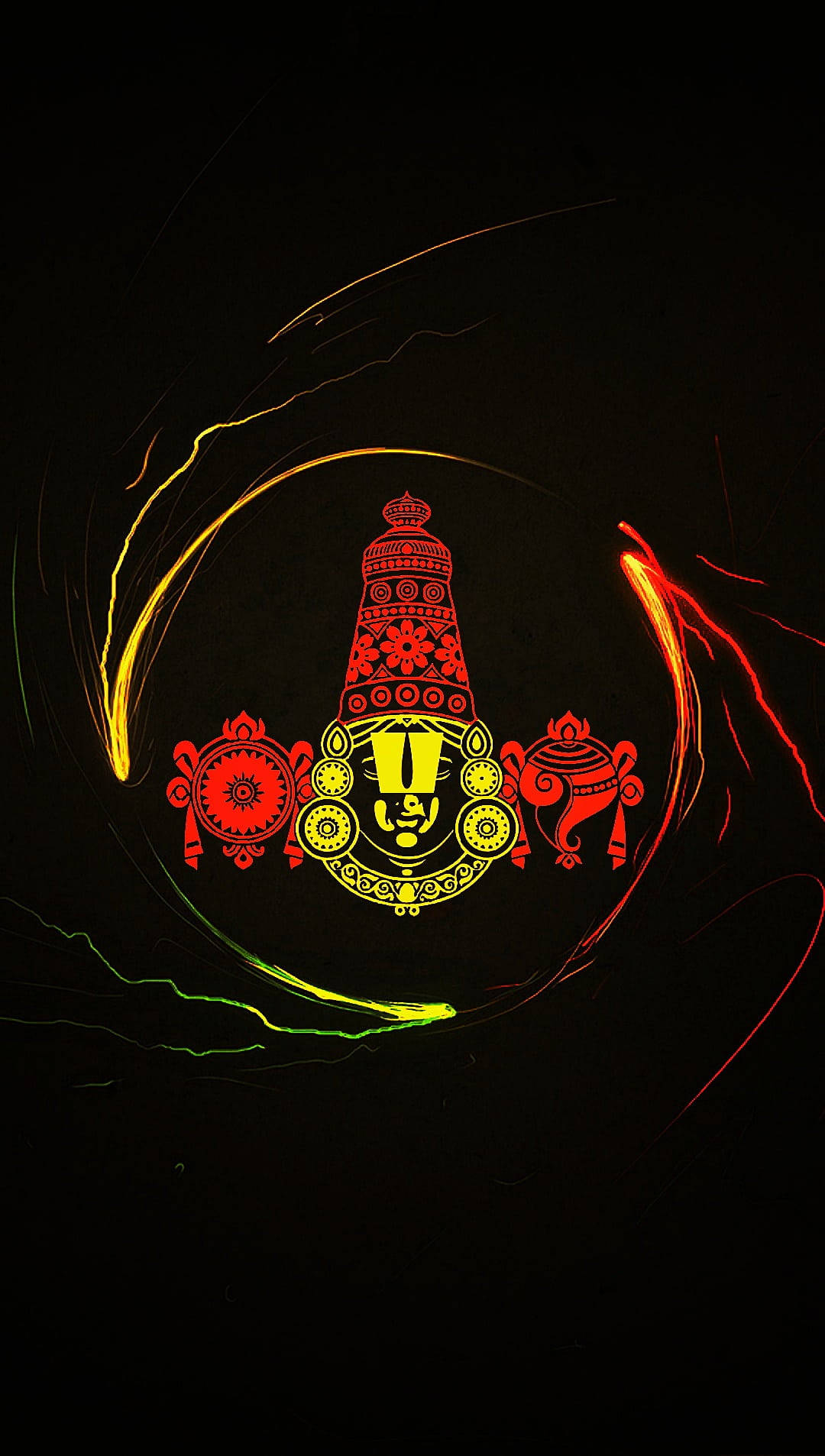 Lord Balaji 桌布 壁紙 — 一個發光的紅色和黃色華麗神祇形象，被旋轉的光軌環繞，背景為黑色。