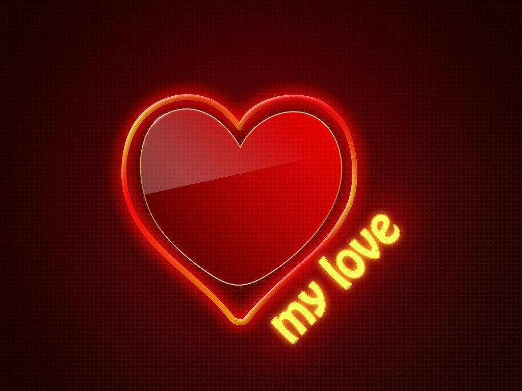 Love Quotes 桌布 壁紙 — 一個發光的紅色心形，帶有霓虹黃色嘅 'my love' 文字，背景係深紅色網格。