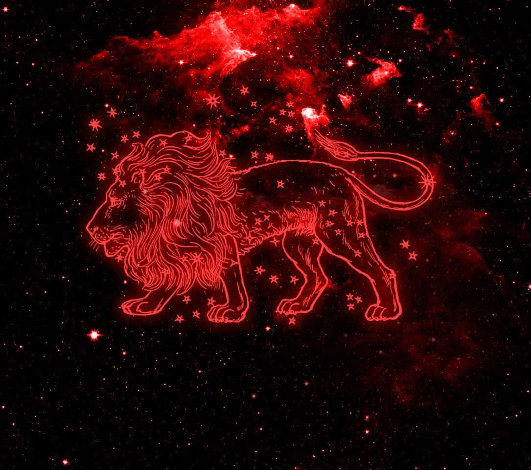 獅子 桌布 壁紙 — 一個發光的紅色獅子座星座，以星星勾勒出輪廓，背景是宇宙星雲。