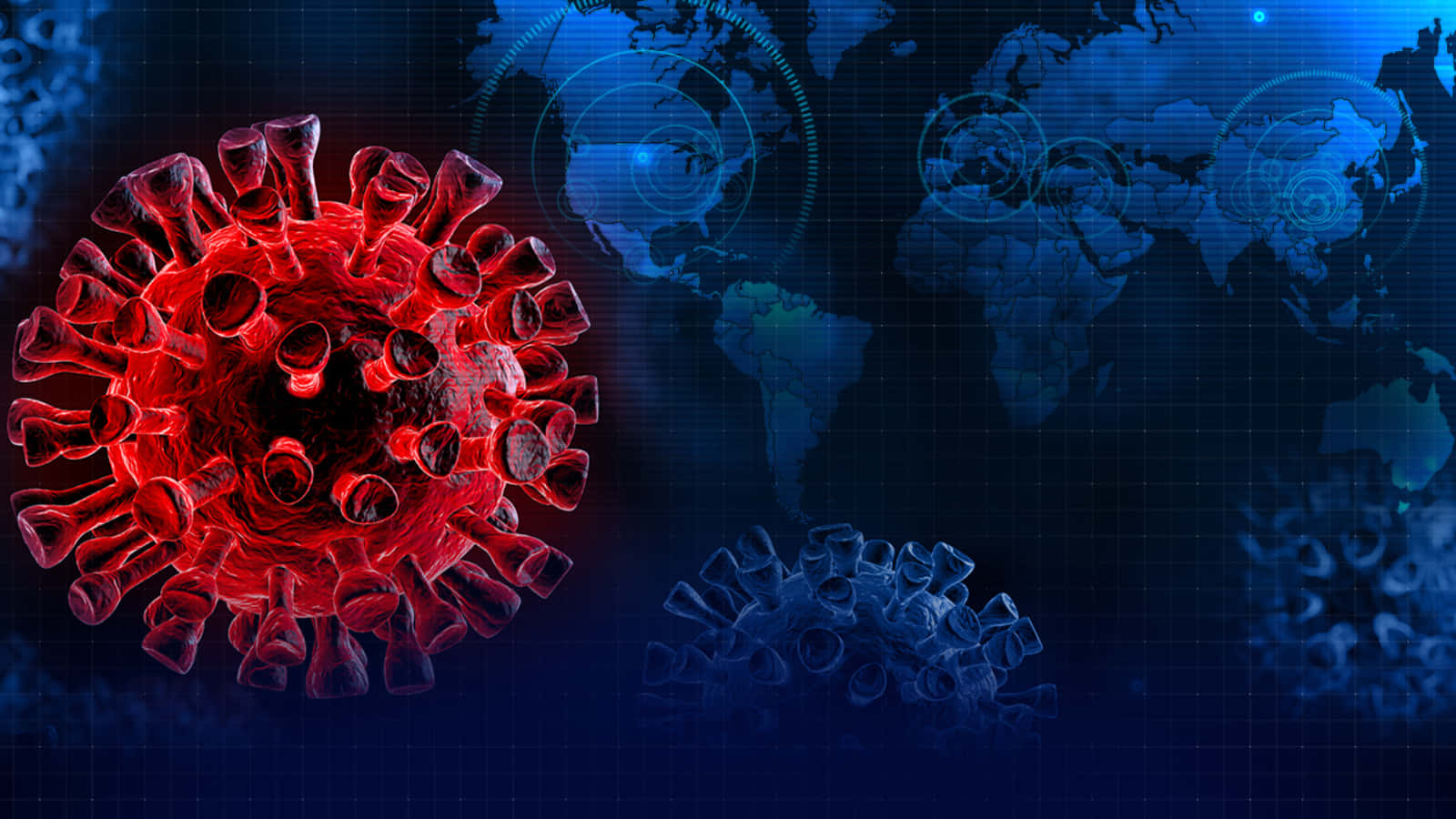 Coronavirus 桌布 壁紙 — 一個發光的紅色病毒粒子主導著深藍色數位世界地圖，帶有模糊的圓形數據疊加層。