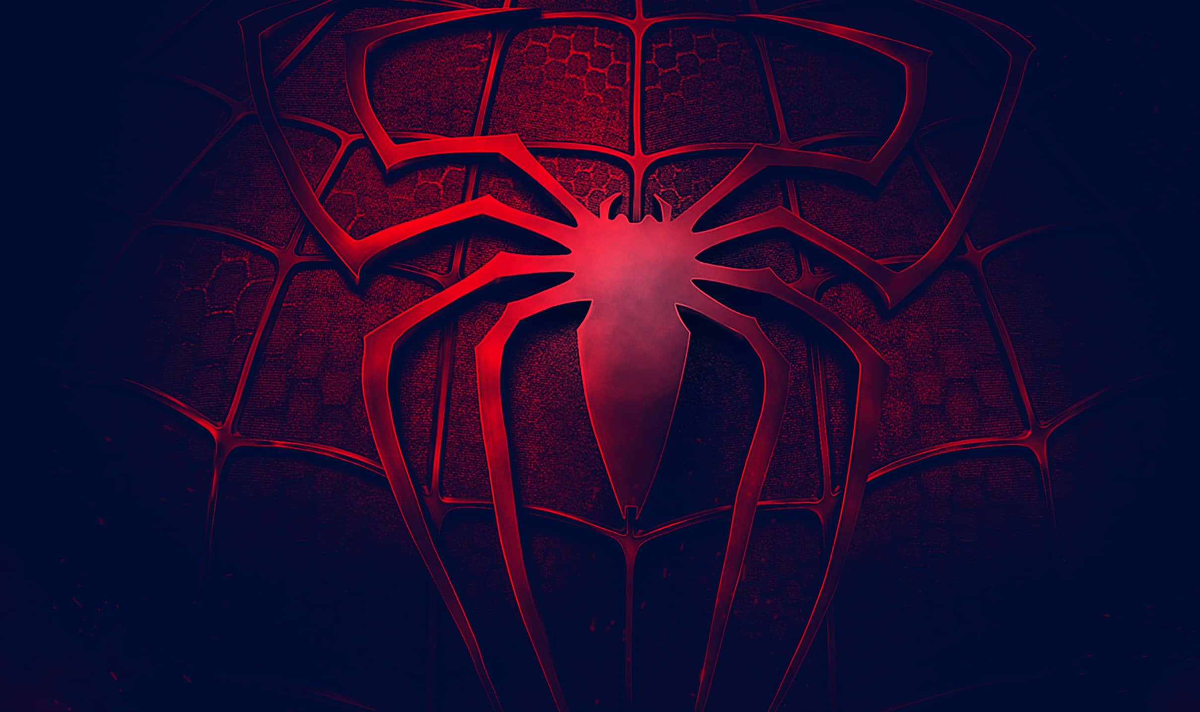 Spider Man 3 桌布 壁紙 — 一個發光的紅色蜘蛛標誌在帶有複雜蜘蛛網圖案的深色紋理背景上散發光芒。