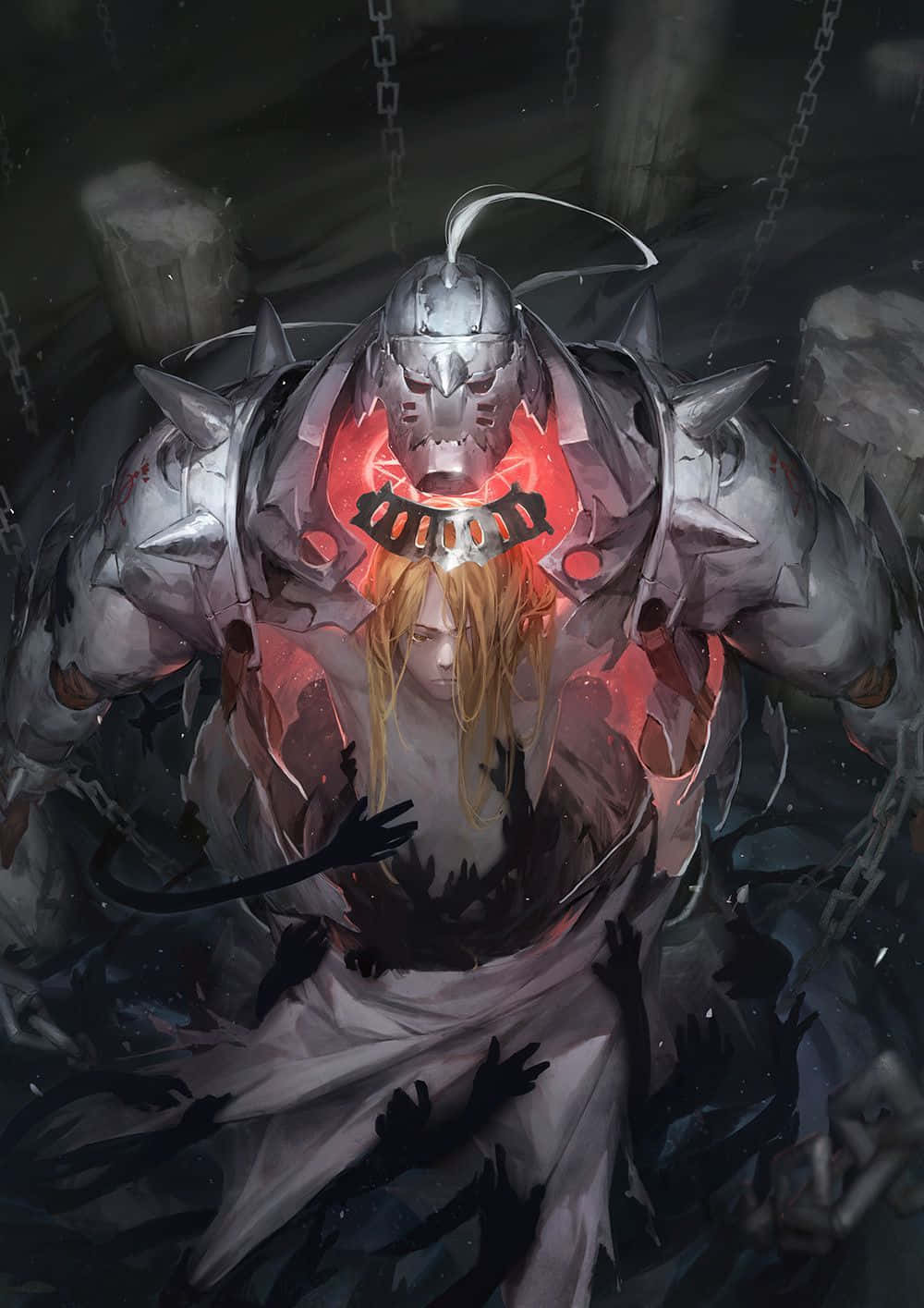 Alphonse Elric 桌布 壁紙 — 一個發光的紅色裝甲騎士，戴著頭盔和尖刺肩甲，站在一個黑暗鎖鏈地牢中的蒼白身影之上。