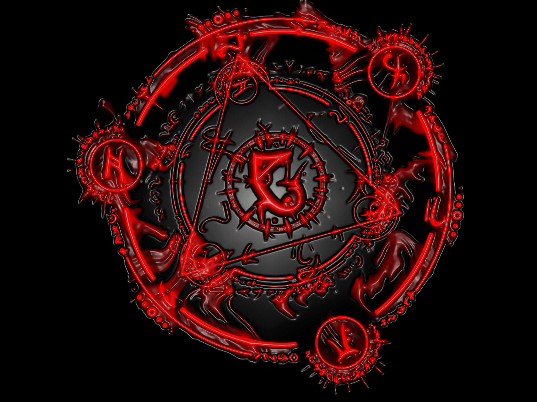 Occult 桌布 壁紙 — 一個發光的紅色複雜神秘符號，具有尖銳邊緣和圓形圖案，背景為黑色。