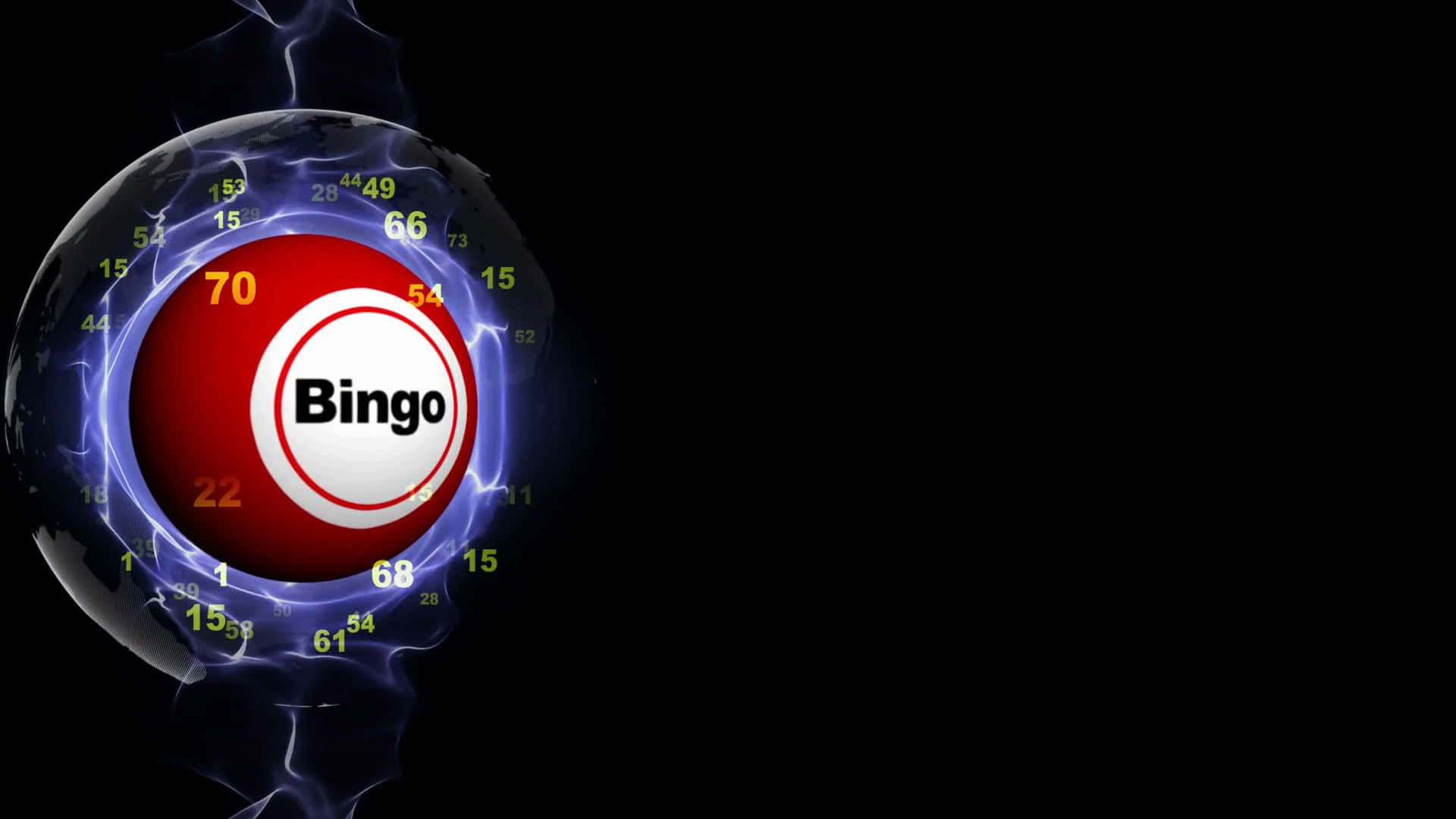 Bingo 桌布 壁紙 — 一個發光的紅色賓果球，帶有數字和電藍色能量漩渦，背景為黑色。