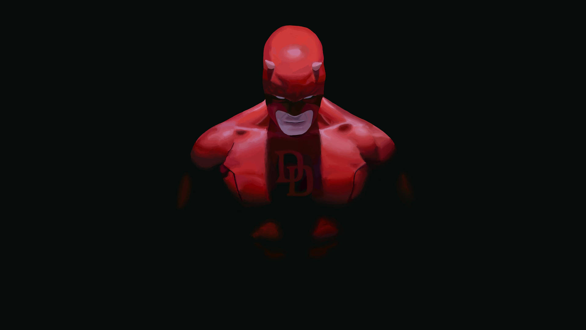紅色超級英雄半身像，帶有角和DD標誌，在黑暗中發光。