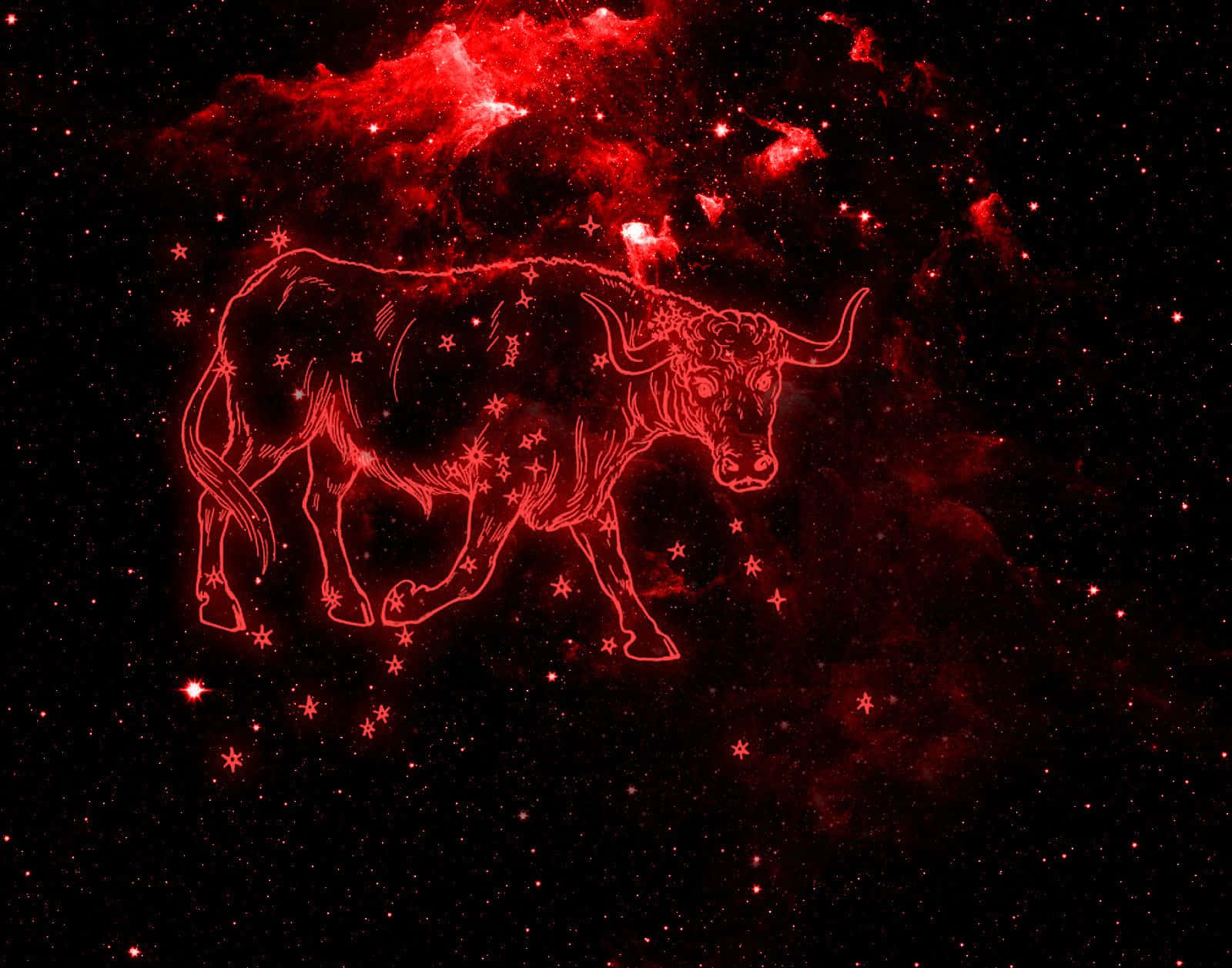 金牛座 桌布 壁紙 — 一個發光的紅色金牛座星座，以星星勾勒出輪廓，背景是宇宙星雲。