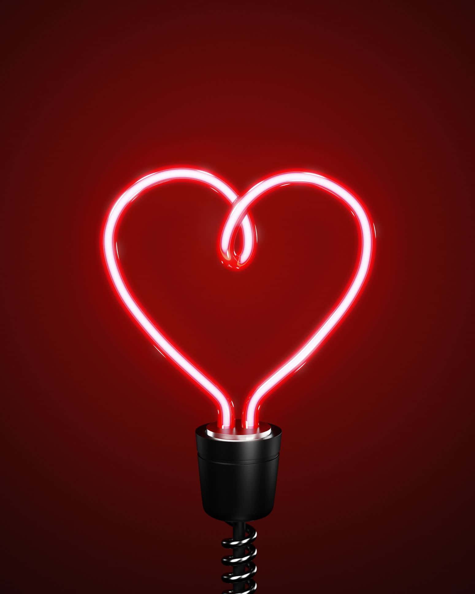 Heart Shape 桌布 壁紙 — 一個發光的紅色霓虹心形燈泡，背景為深紅色漸變。