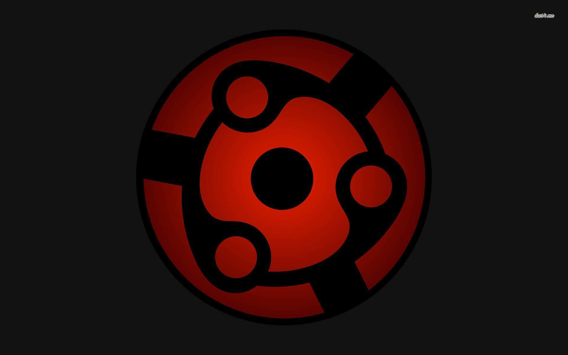 Mangekyou Sharingan 桌布 壁紙 — 一個發光的紅黑色輪迴眼符號，位於帶有銳利幾何圖案的深色背景中央。