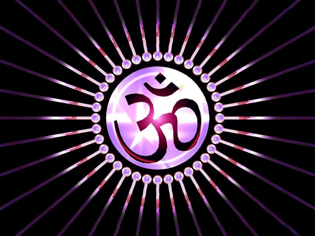 OM 桌布 壁紙 — 一個發光的紫色Om符號在黑色背景中央閃耀，周圍有發光的光線和珠子。