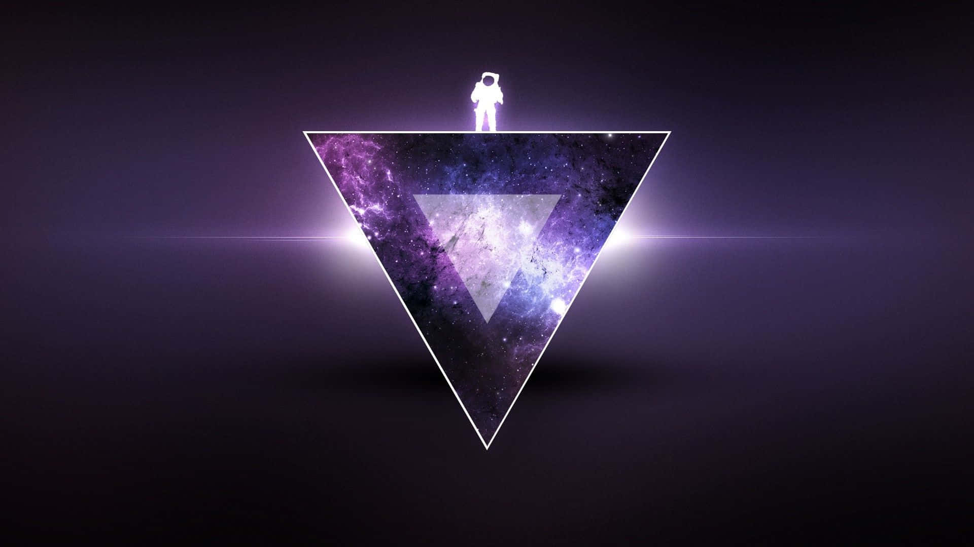 Thelema 桌布 壁紙 — 一個發光的紫色三角形，充滿了宇宙星雲，在黑暗的虛空中，頂點處有一個微小的太空人剪影。