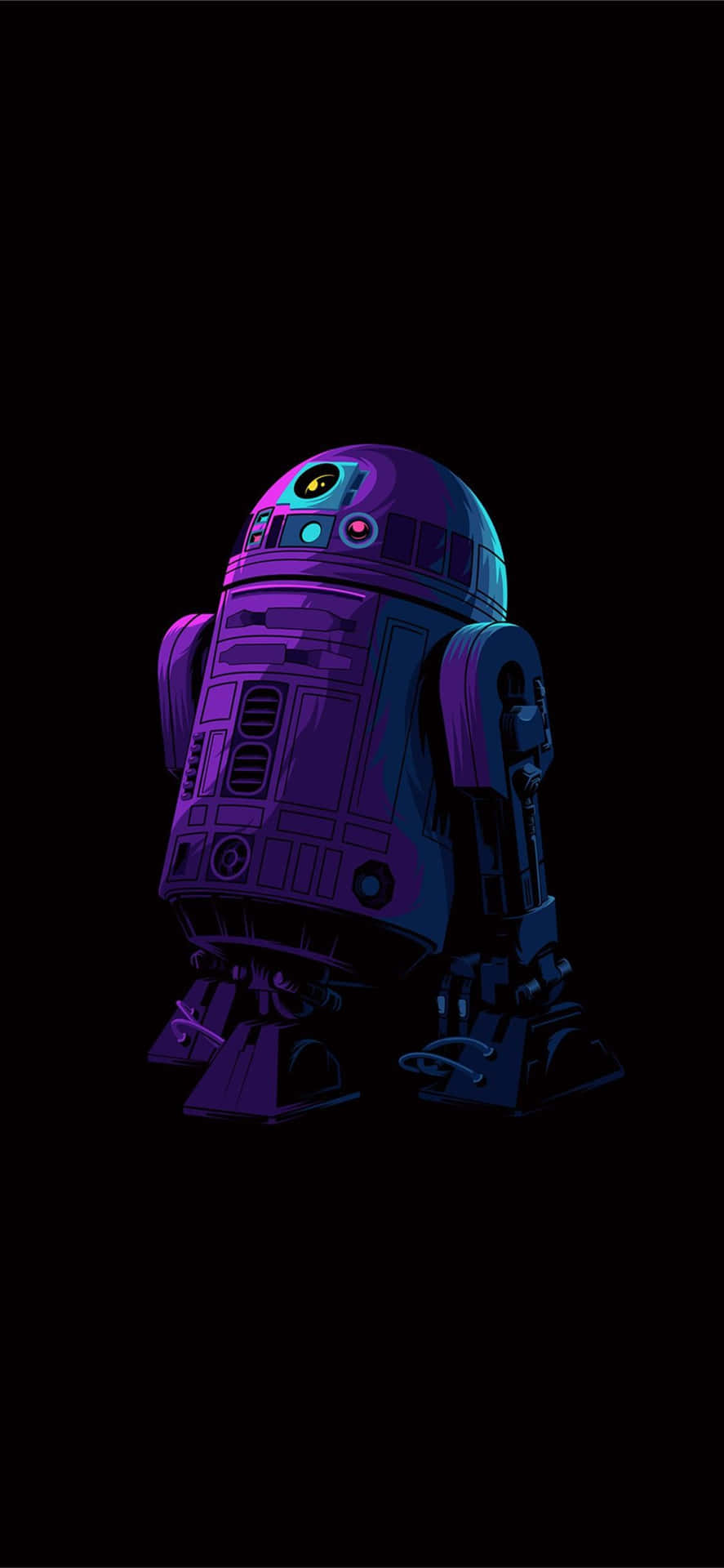 iPhone 11 Pro 桌布 壁紙 — 一個發光的紫色和藍色R2-D2機械人獨自站在漆黑的背景上，帶有霓虹燈亮點。