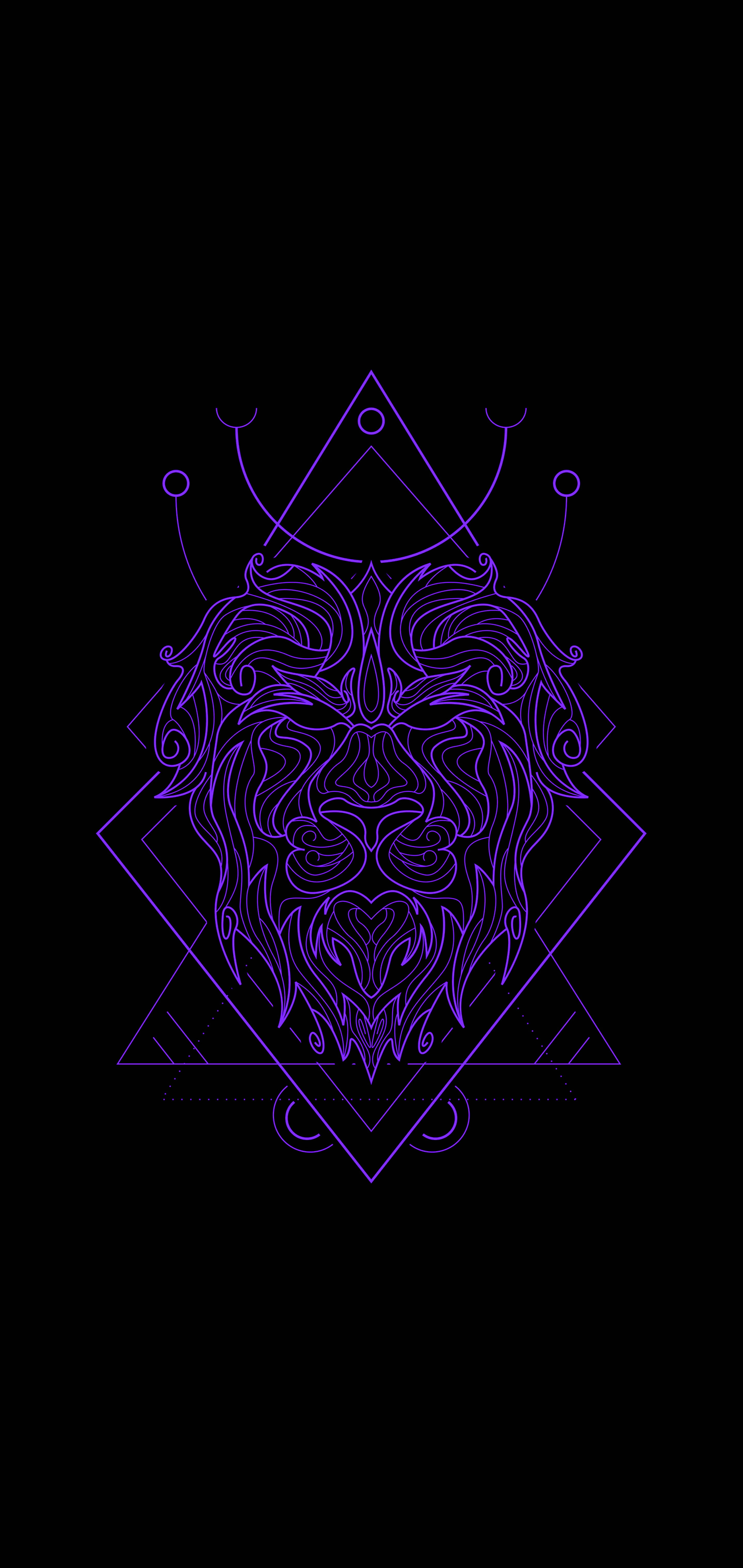 Black And Purple Phone 桌布 壁紙 — 一個發光的紫色幾何獅子頭，帶有複雜的漩渦和三角形，置於黑色背景上。