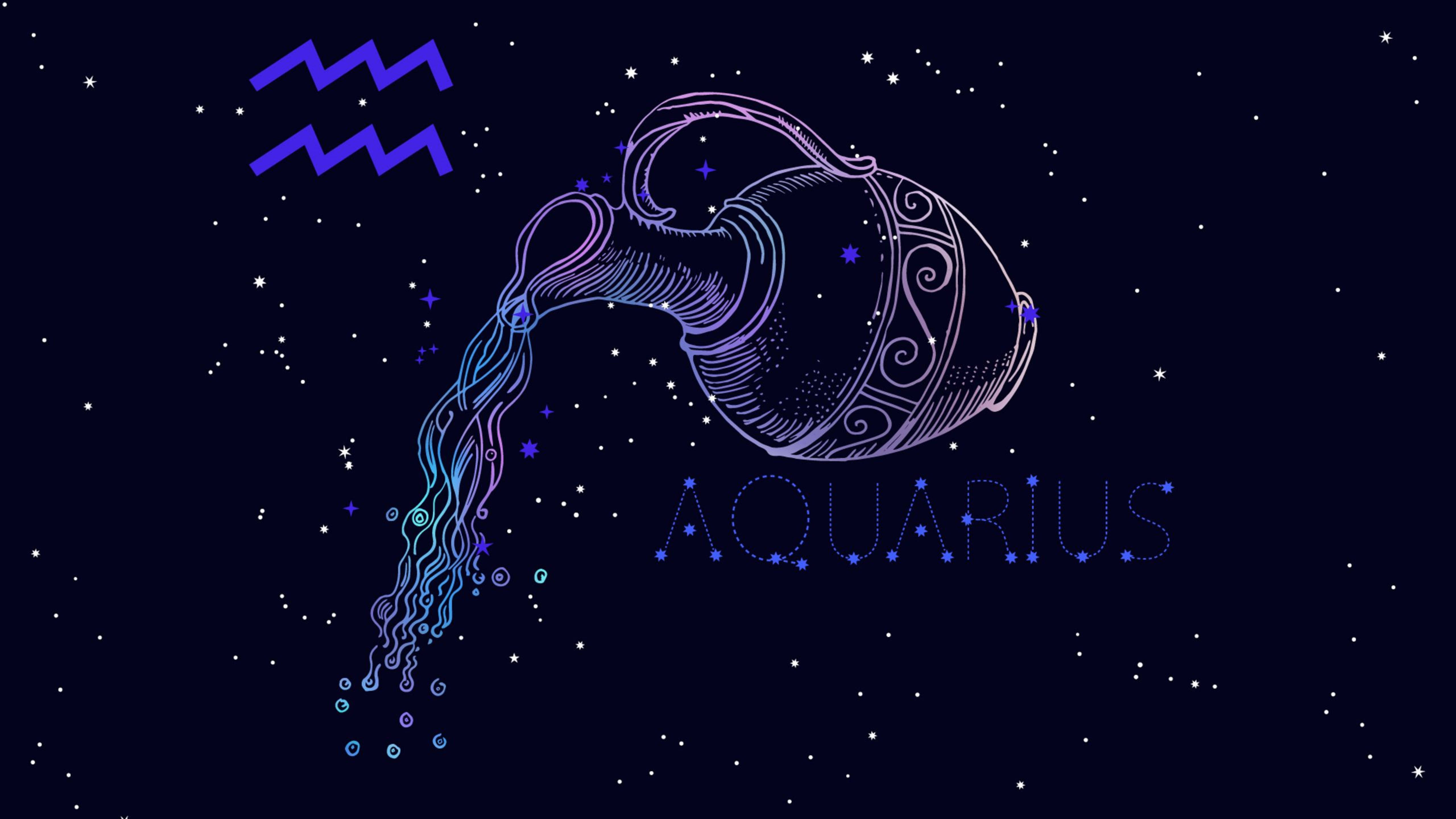 星座 桌布 壁紙 — 一個發光的紫色水瓶座星座在深藍色夜空下傾倒液體星星，夜空點綴著閃爍的星星。