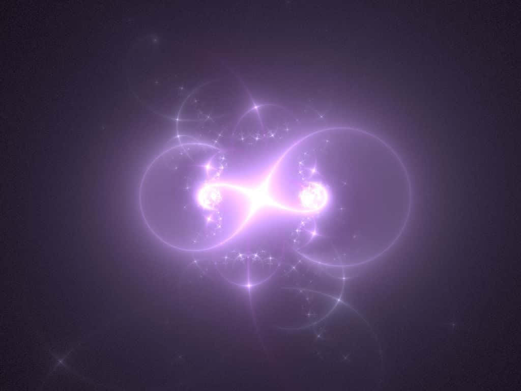 infinity 桌布 壁紙 — 一個發光的紫色無限符號在黑暗的宇宙背景下散發光芒和閃爍。