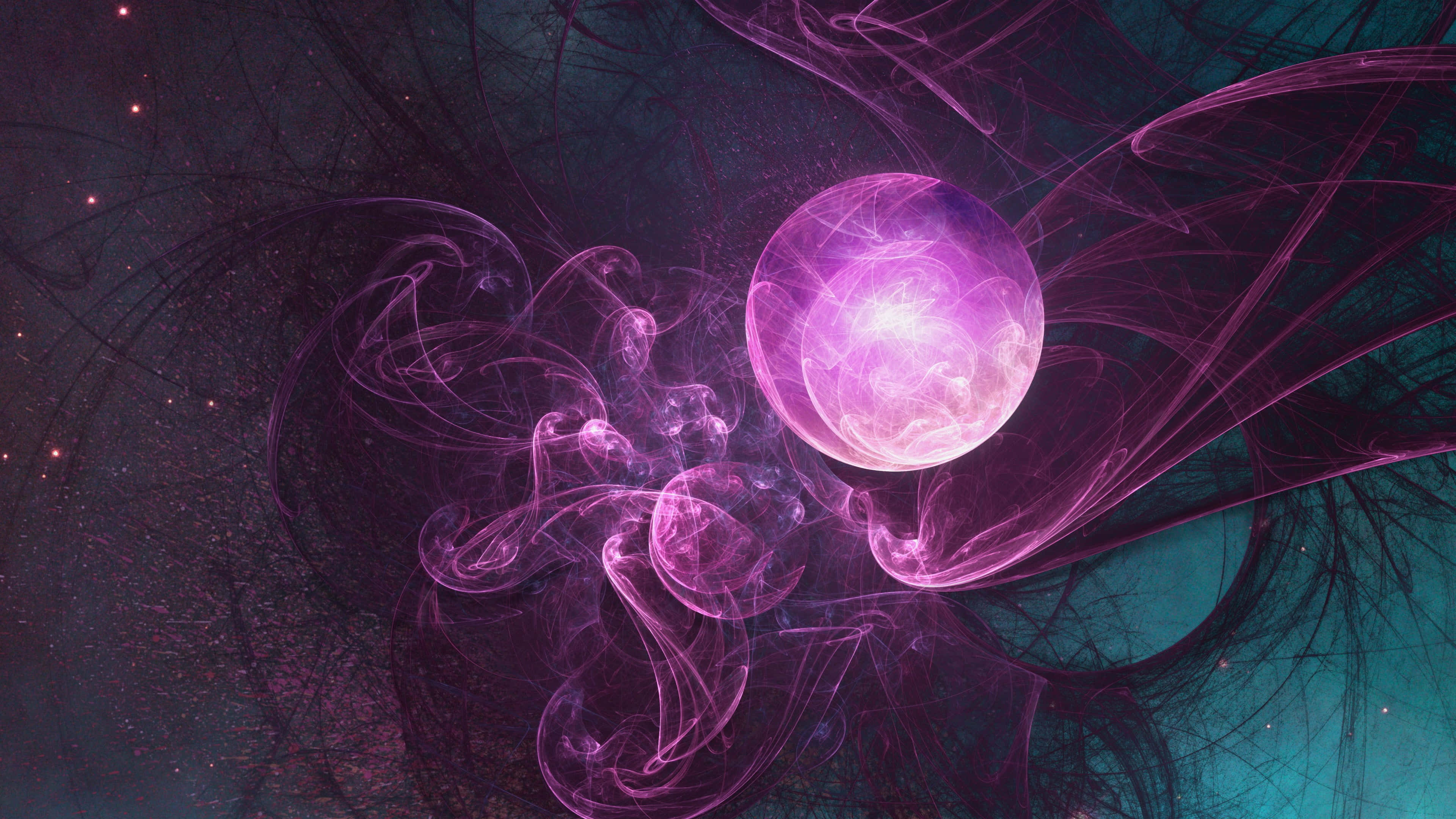 Energy 桌布 壁紙 — 一個發光的紫色球體在旋轉的宇宙觸手之間散發能量，背景是繁星點點的深藍綠色虛空。