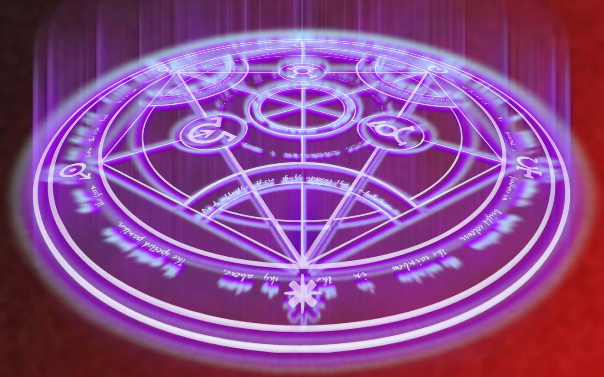 Alchemy 桌布 壁紙 — 一個發光的紫色神秘五角星，帶有神秘符號和發光線條，在深紅色背景上散發光芒。