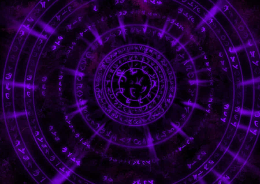 Dark Circles 桌布 壁紙 — 一個發光的紫色神秘符號，帶有同心圓和發光的符文，在黑暗背景下散發能量。