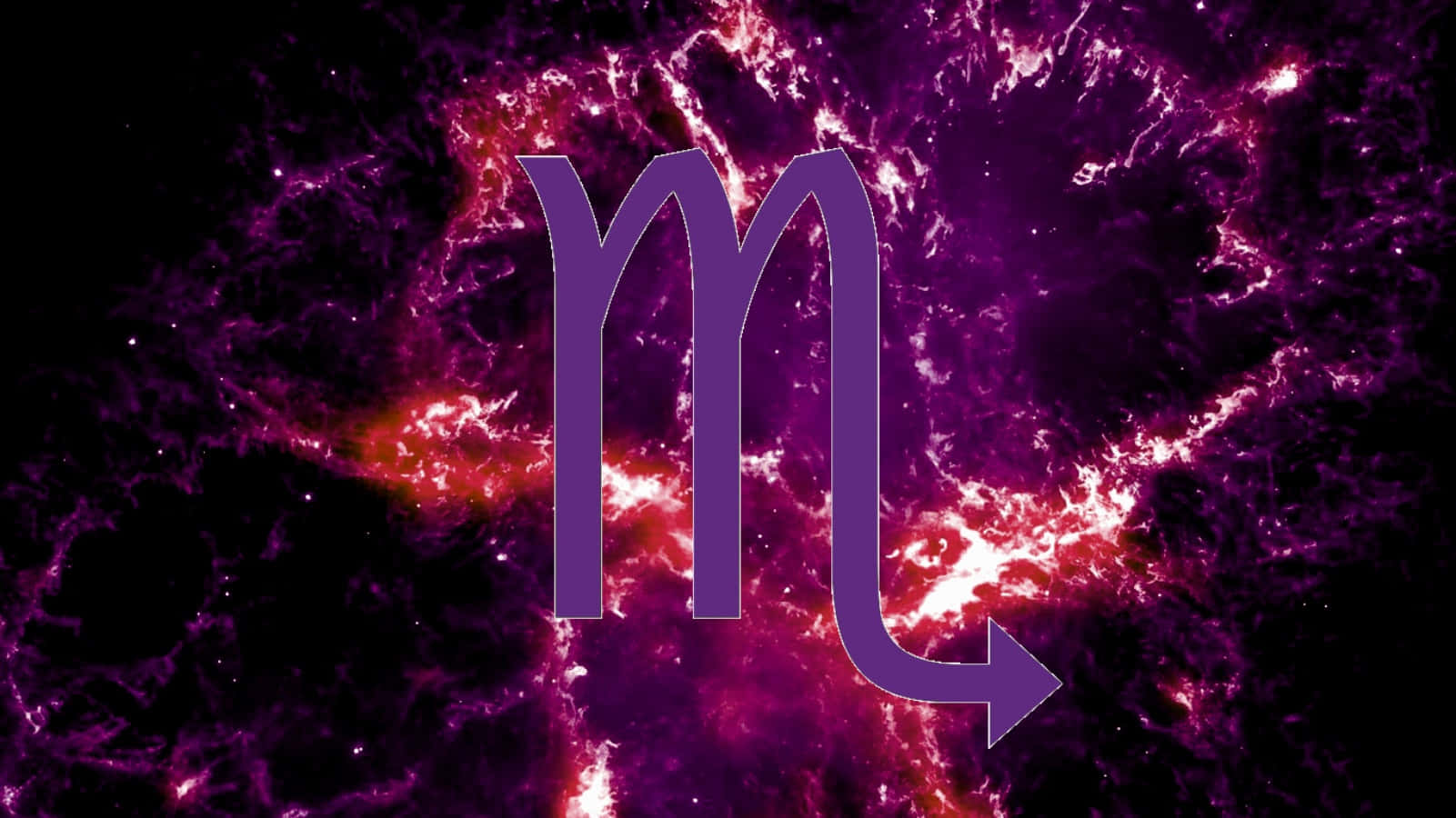 Scorpio 桌布 壁紙 — 一個發光的紫色蠍子符號漂浮在洋紅色和黑色的宇宙星雲中，帶有熾熱的星團。