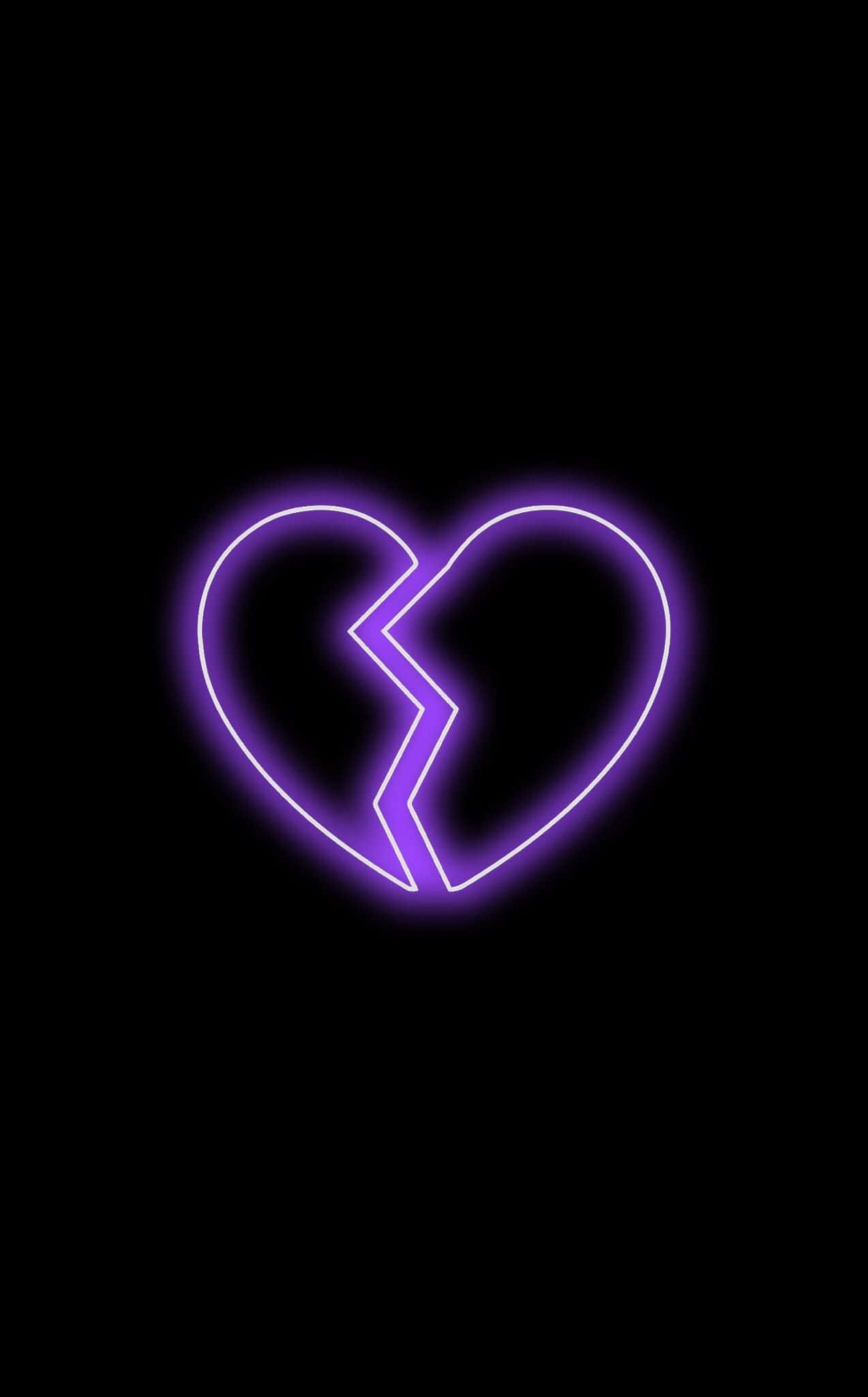 Broken Heart Black 桌布 壁紙 — 一個發光的紫色霓虹心臟分裂成兩半，背景為純黑色。
