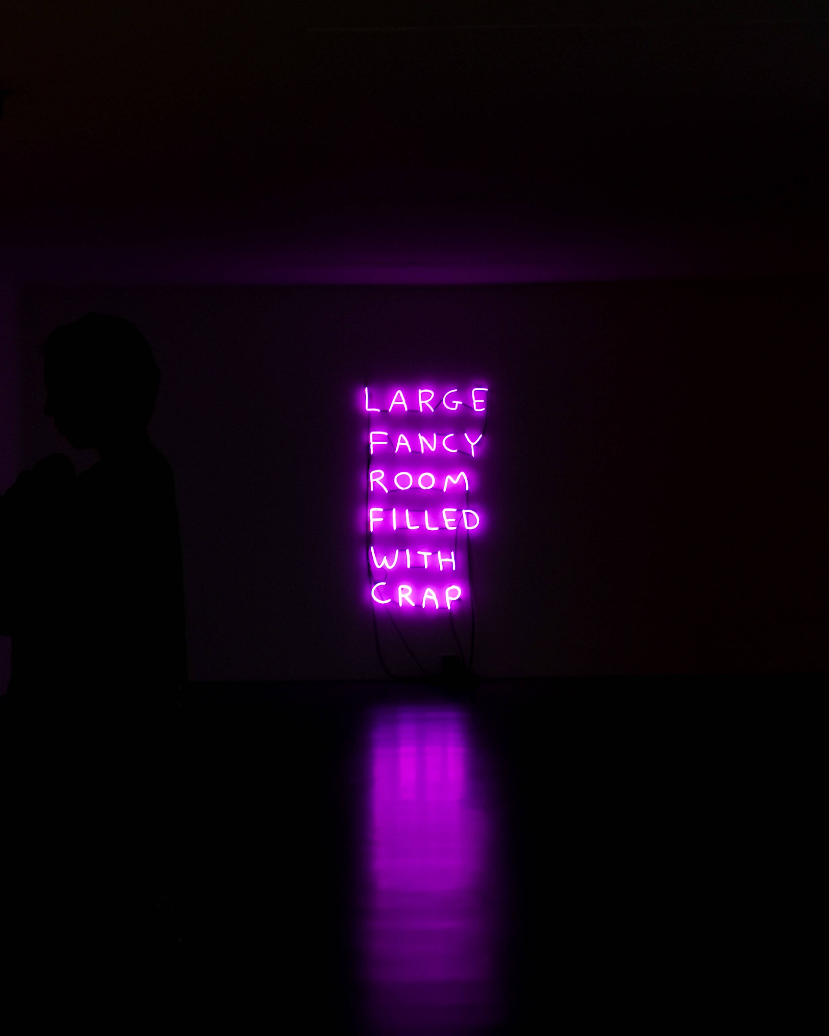 neon sign 桌布 壁紙 — 一個發光的紫色霓虹燈牌，上面寫著「LARGE FANCY ROOM FILLED WITH CRAP」，位於一個黑暗的房間，旁邊有一個人的剪影。