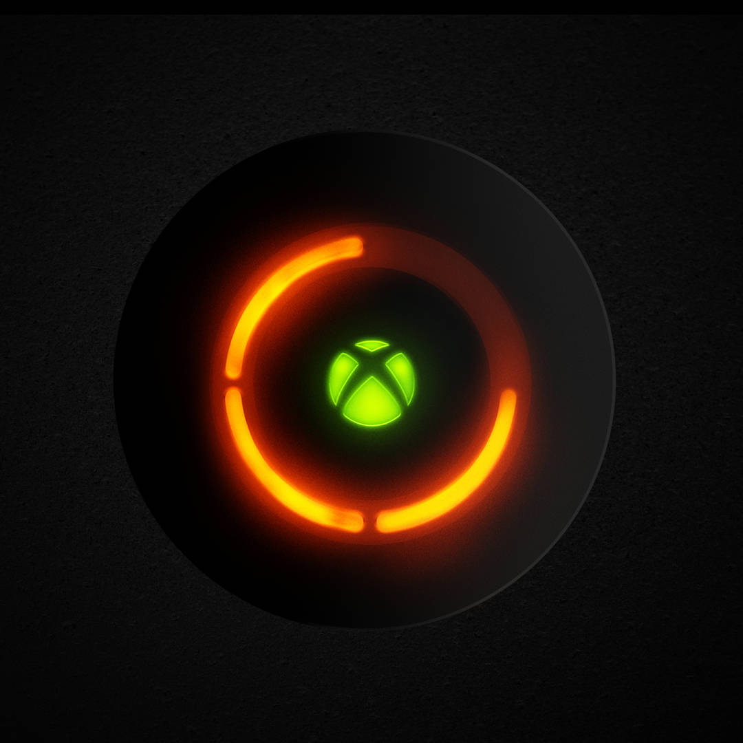 Logo 桌布 壁紙 — 一個發光的綠色 Xbox 標誌，位於橙色圓形光環內，置於黑色紋理表面上。