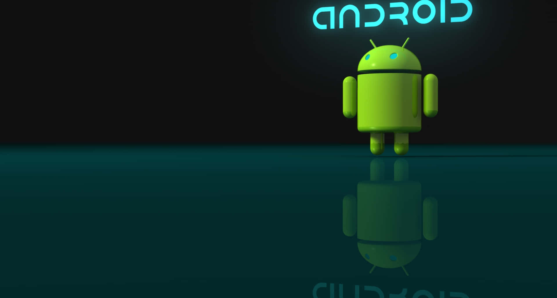Android Computer 桌布 壁紙 — 一個發光的綠色Android機械人站在反光表面上，下方是發光的藍色Android標誌，背景為深色。