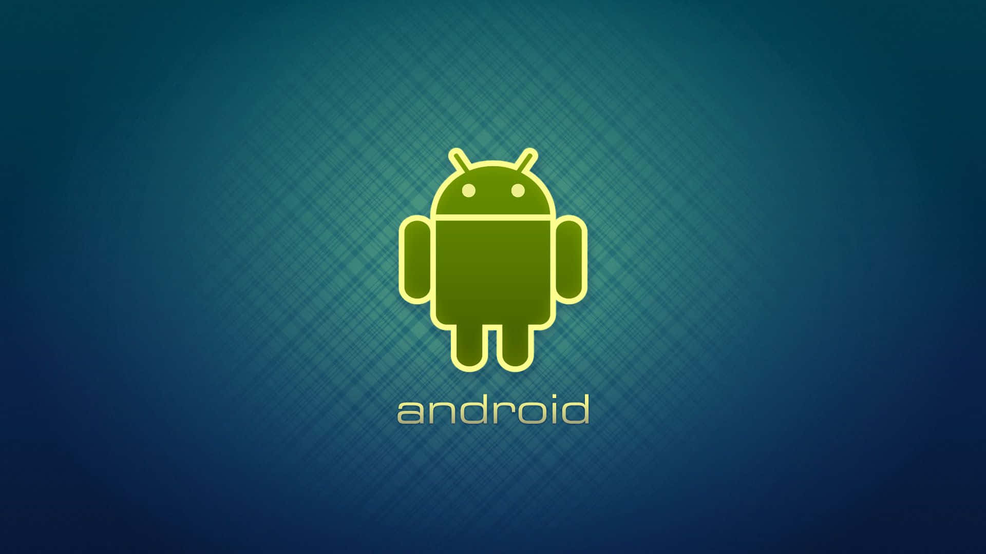 Android Computer 桌布 壁紙 — 一個發光的綠色Android機械人標誌，居中放置在帶有微妙對角線的藍色漸變背景上。