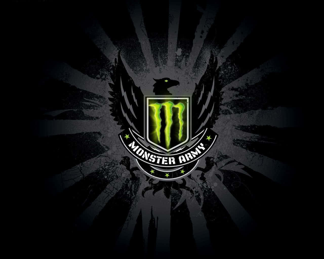 怪獸動圖 桌布 壁紙 — 一個發光的綠色Monster Army標誌，帶有鷹頭和翅膀，在黑暗粗糙的背景上散發出太陽光線。