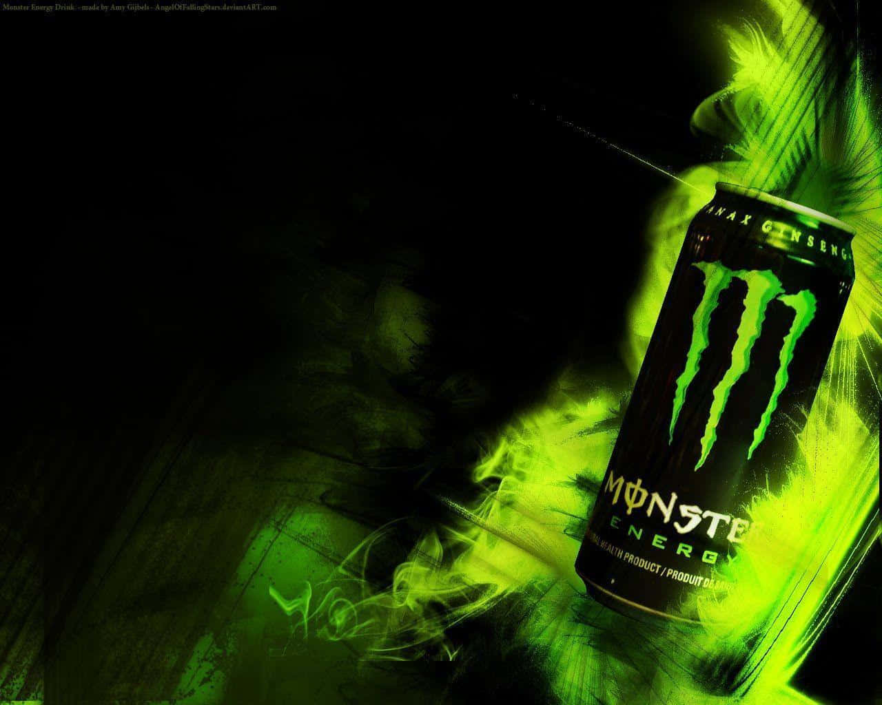 Monster Energy 桌布 壁紙 — 一個發光的綠色Monster Energy罐在黑暗背景上散發出帶有霓虹條紋的電能。