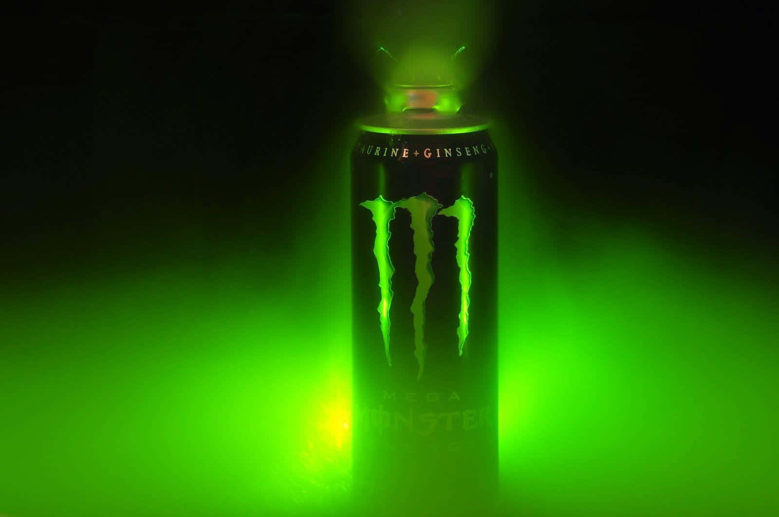 Monster Energy 桌布 壁紙 — 一個發光的綠色Monster Energy罐在帶有綠色薄霧的黑暗背景下散發出強烈的光芒。