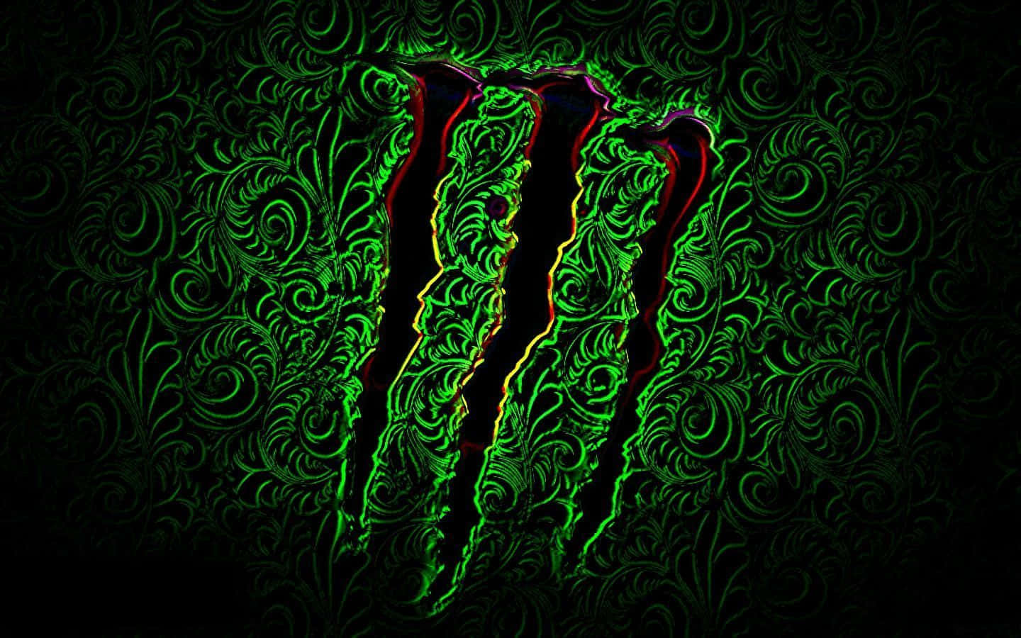 怪獸動圖 桌布 壁紙 — 一個發光的綠色Monster Energy標誌，帶有華麗的鏤空細節，在深色漩渦圖案背景上脫穎而出。