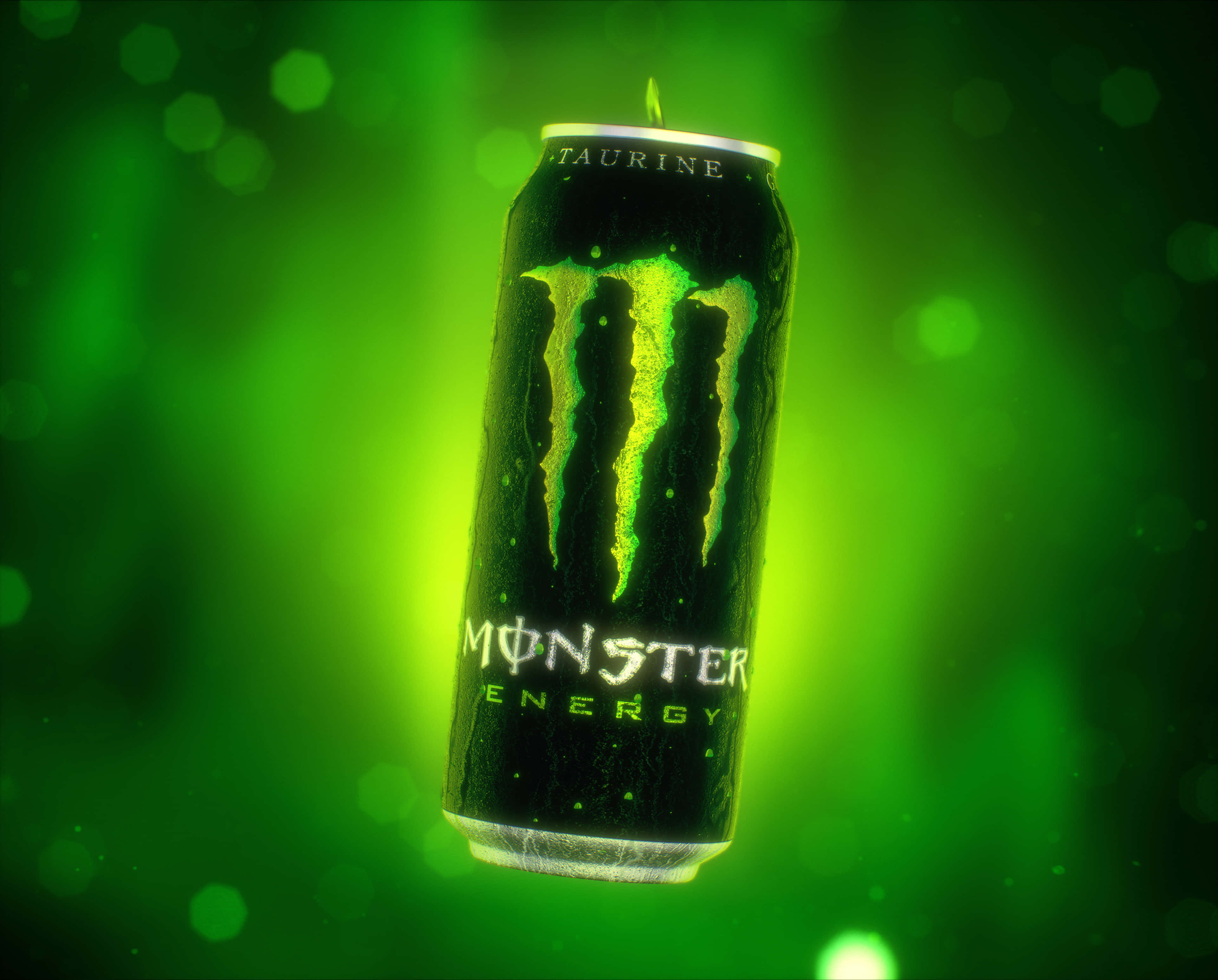 Monster Energy 桌布 壁紙 — 一個發光的綠色Monster Energy罐漂浮在充滿光粒的鮮綠色散景背景上。