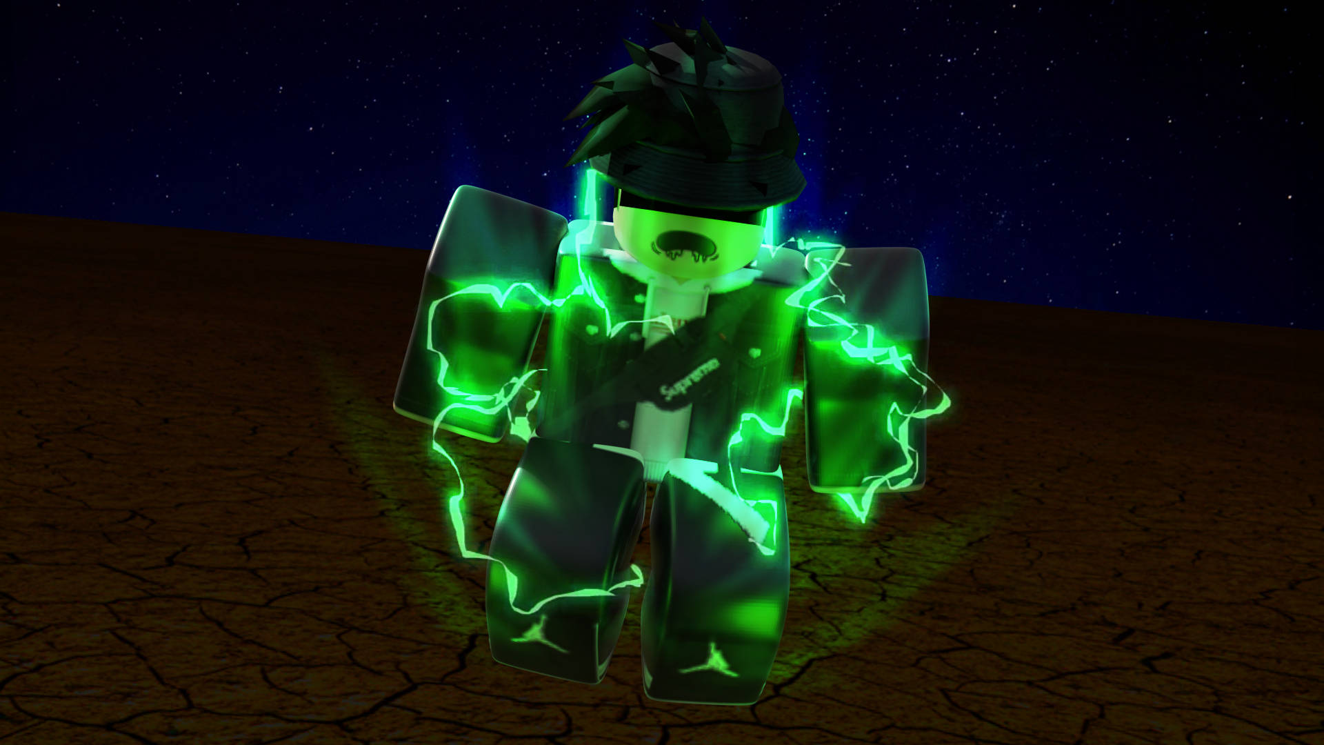 型格Roblox 桌布 壁紙 — 一個發光的綠色Roblox角色帶有閃電效果，站在星空下龜裂的地面上。