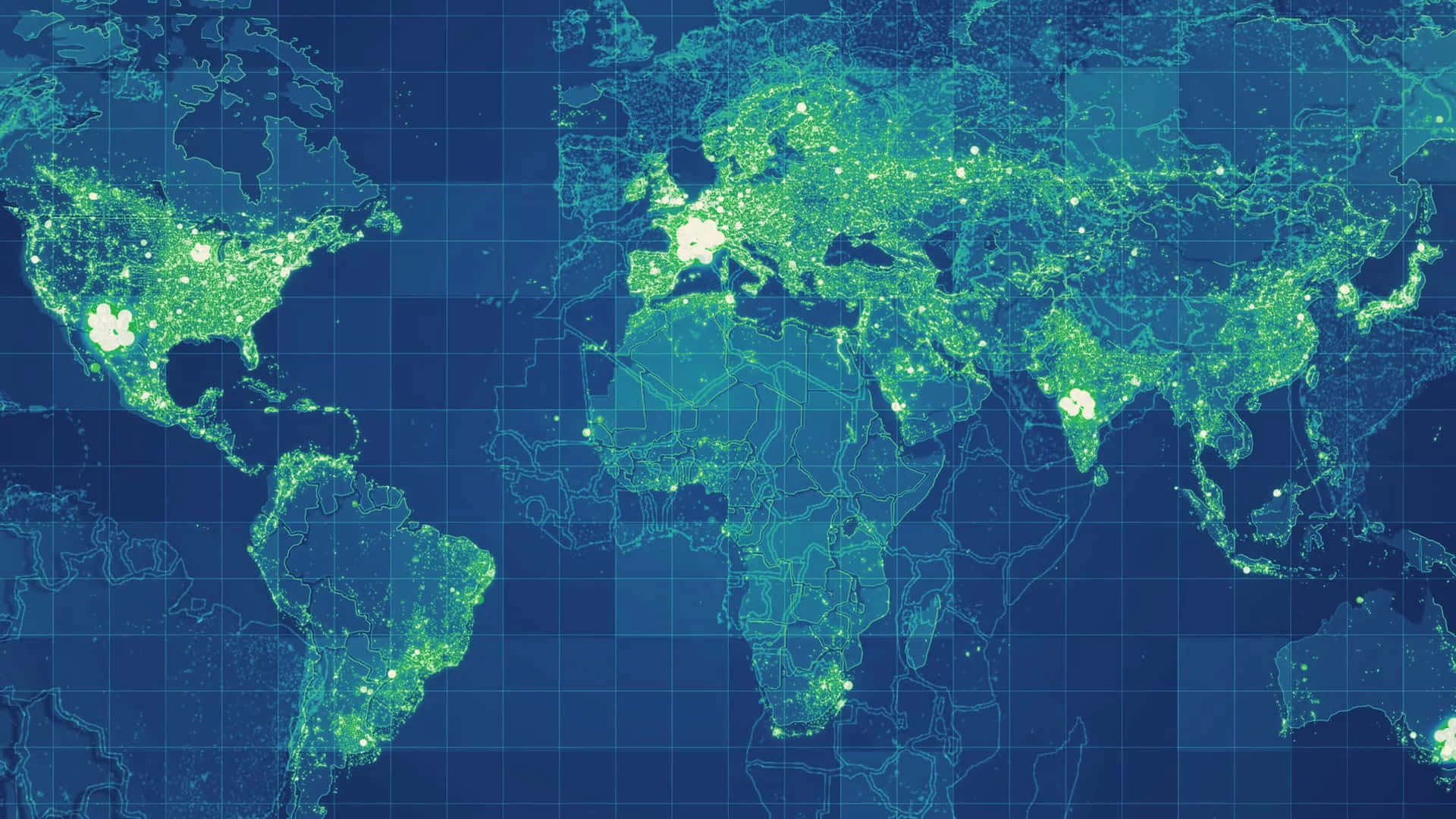Global 桌布 壁紙 — 一個發光的綠色世界地圖，帶有明亮的城市燈光，背景是深藍色網格。