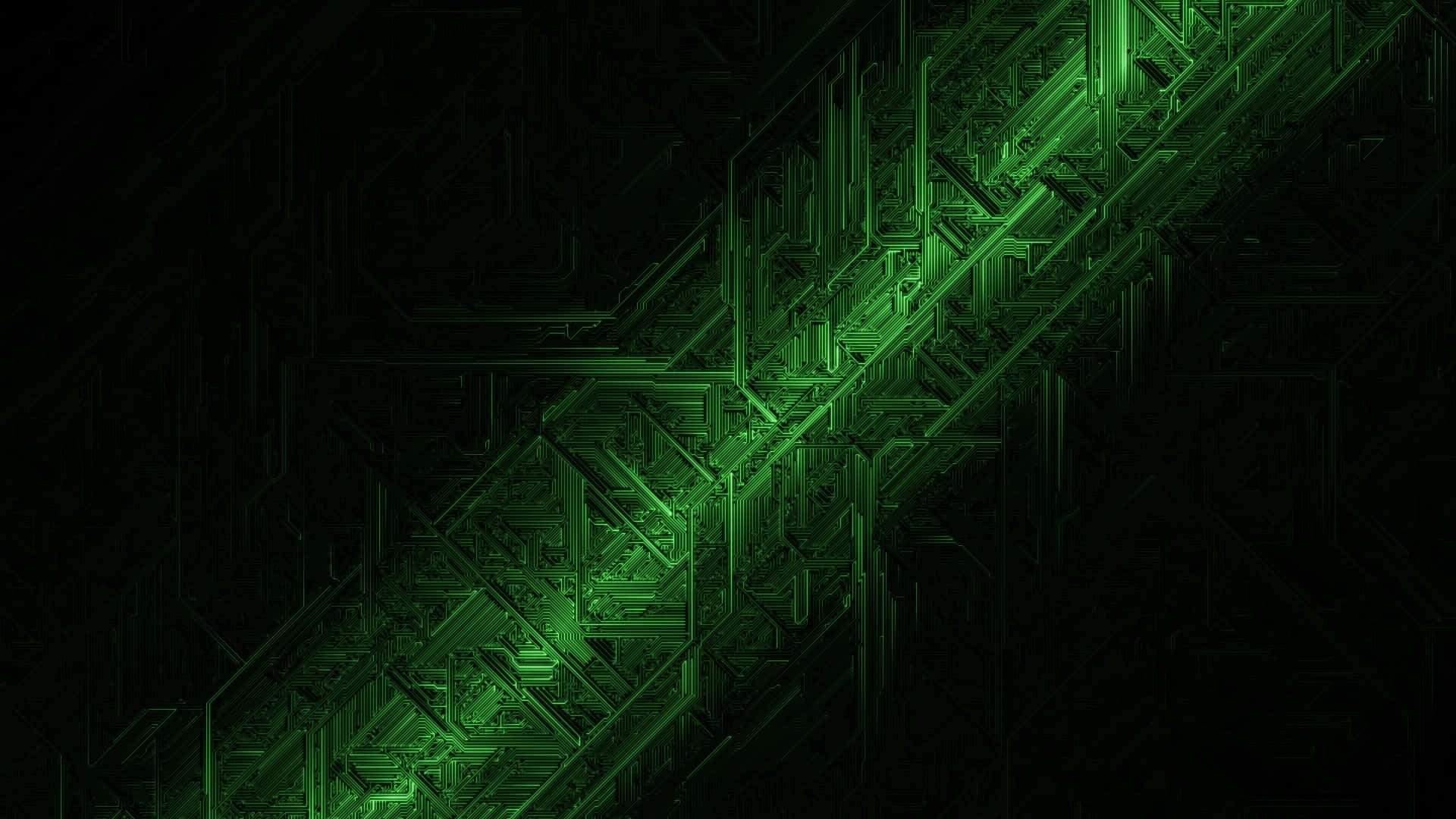 Black And Green 桌布 壁紙 — 一個發光的綠色分形電路圖案在黑暗背景上以複雜的幾何線條對角輻射。
