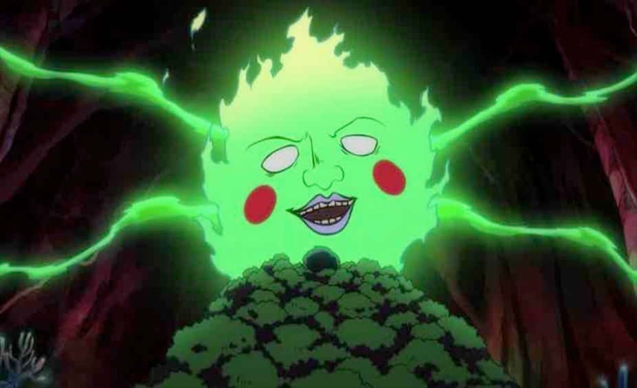 Mob Psycho 100 Ekubo 桌布 壁紙 — 一個發光的綠色動漫角色，臉頰通紅，咧嘴大笑，從被電弧環繞的樹葉中出現。