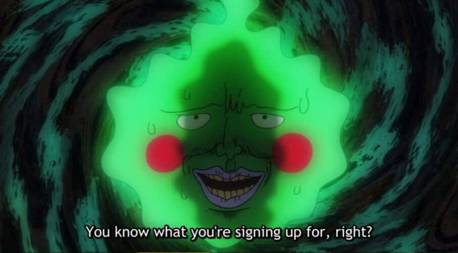 Mob Psycho 100 Ekubo 桌布 壁紙 — 一個發光的綠色動畫臉孔，帶有紅色臉頰和邪惡的笑容，從黑暗旋轉的漩渦中浮現。