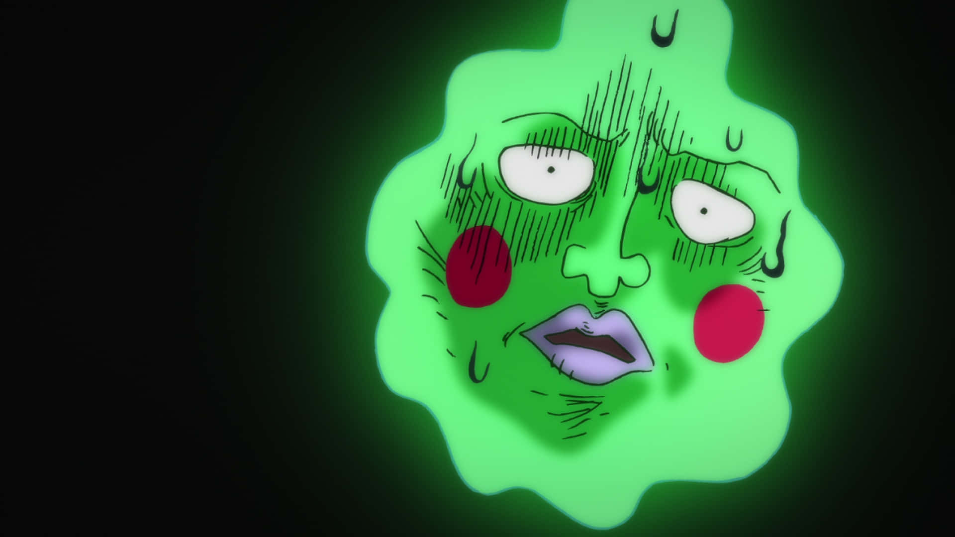 Mob Psycho 100 Ekubo 桌布 壁紙 — 一個發光的綠色卡通臉，有大眼睛和紅臉頰，背景為黑色。
