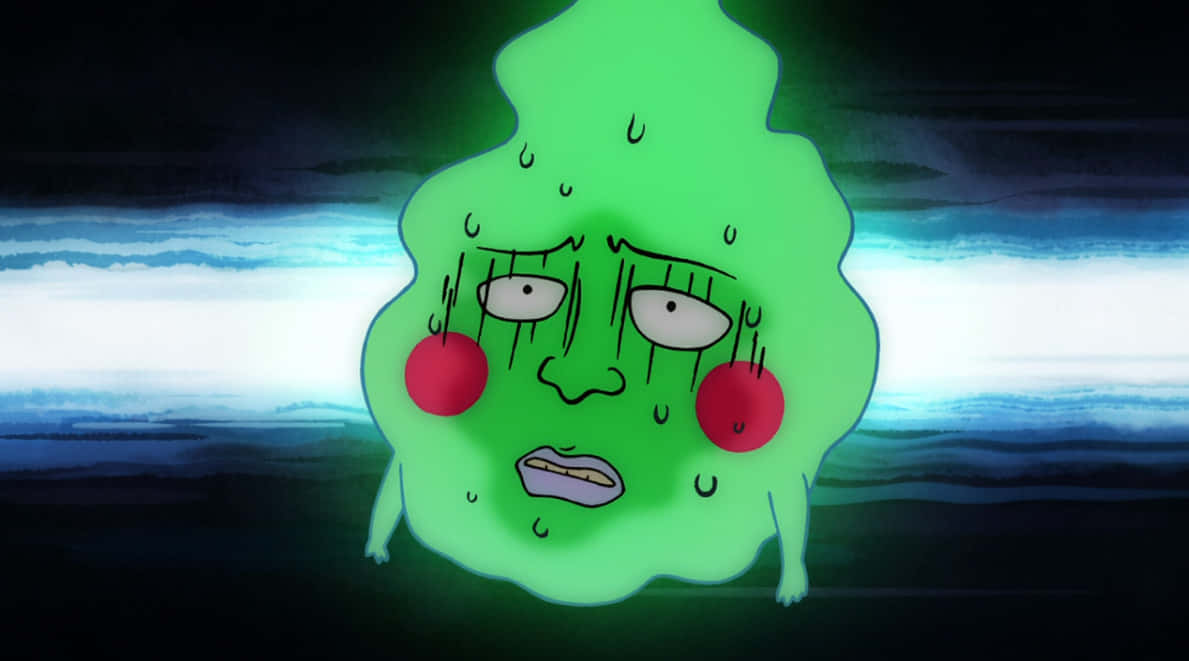 Mob Psycho 100 Ekubo 桌布 壁紙 — 一個發光的綠色卡通角色，臉頰通紅，淚眼汪汪，站在深藍色和白色條紋的背景前。