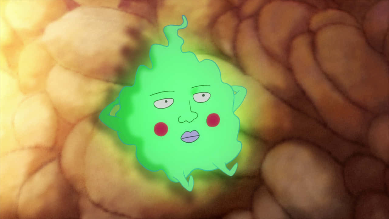Mob Psycho 100 Ekubo 桌布 壁紙 — 一個發光的綠色卡通鬼魂，臉頰通紅，表情無聊，漂浮在溫暖的金色有機形狀之間。