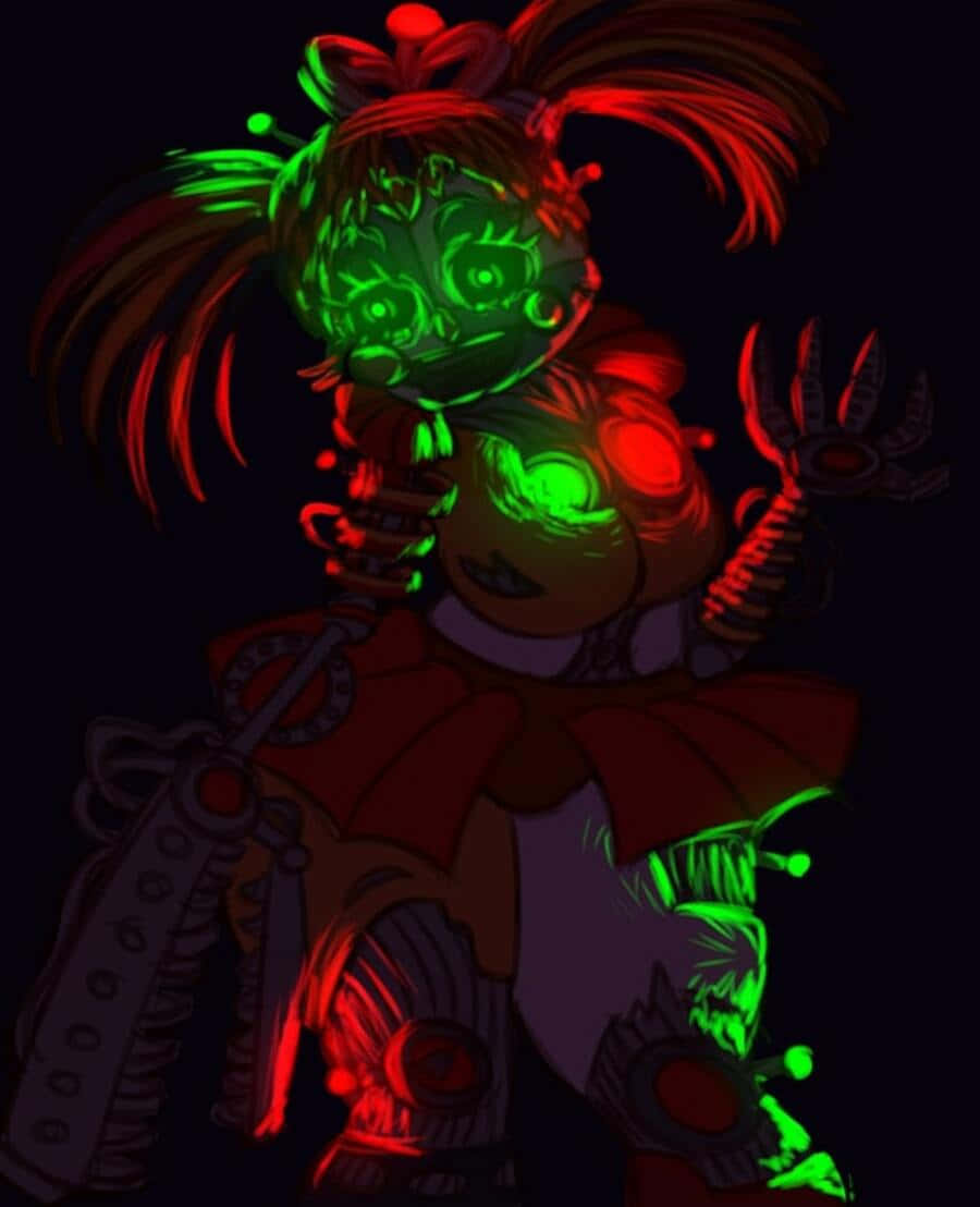 Scrap Baby 桌布 壁紙 — 一個發光的綠色和紅色動漫風格角色，擁有機械肢體和發光的眼睛，背景為深色。