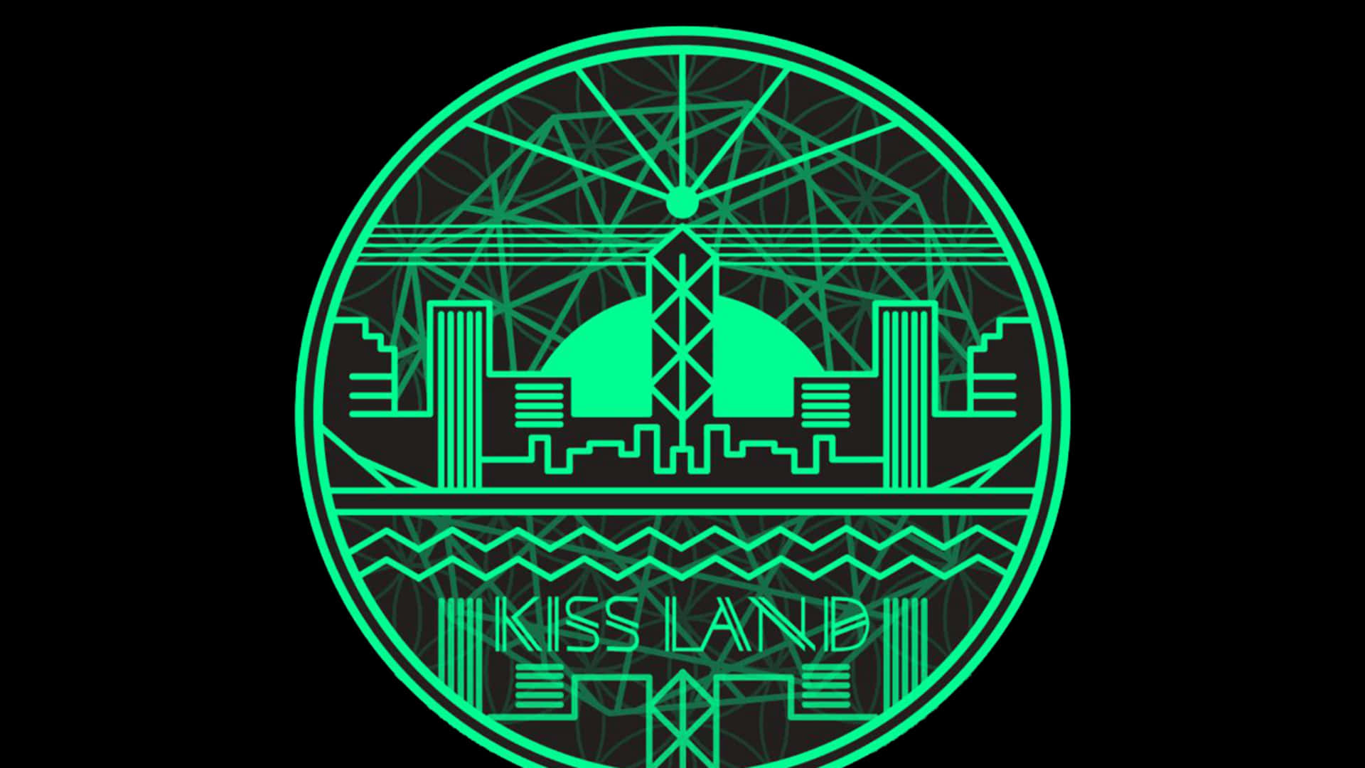  壁紙 — 一個發光的綠色圓形標誌，帶有風格化的城市景觀和「KISS LAND」文字，背景為黑色。