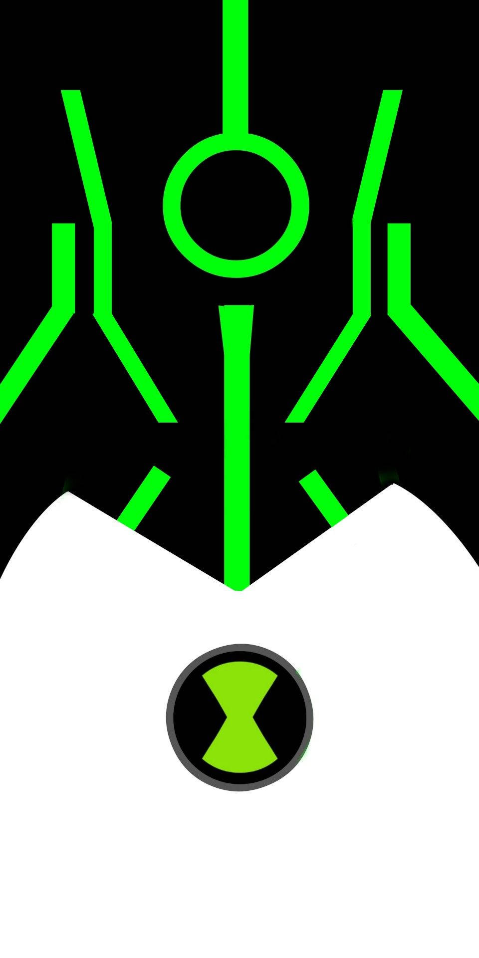 Ben 10 Omnitrix 桌布 壁紙 — 一個發光的綠色外星人套裝徽章，背景為黑白，帶有銳利的幾何線條。