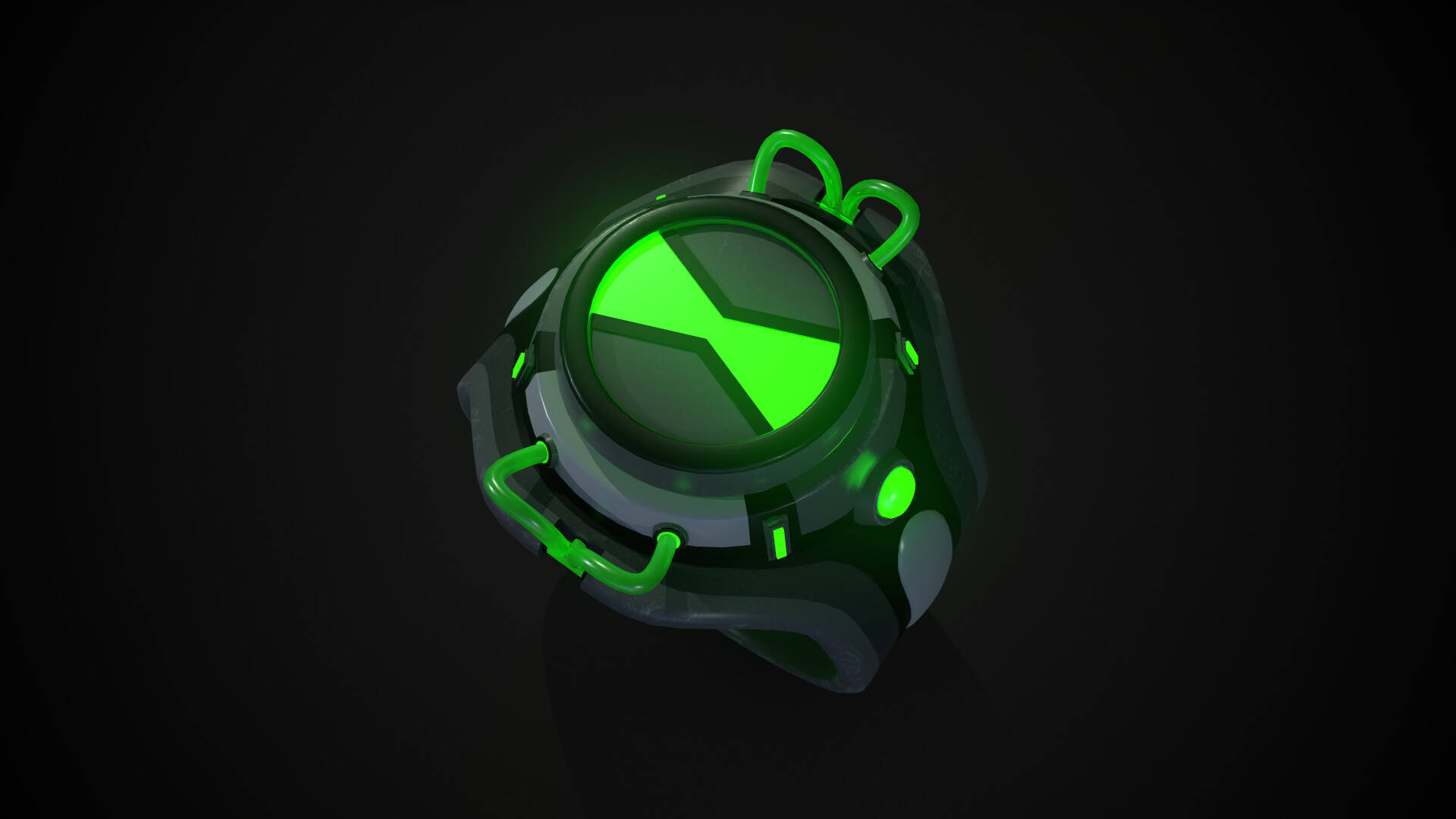 Ben 10 Omnitrix 桌布 壁紙 — 一個發光的綠色外星人變身裝置，具有棱角設計和霓虹燈點綴，背景為深色。