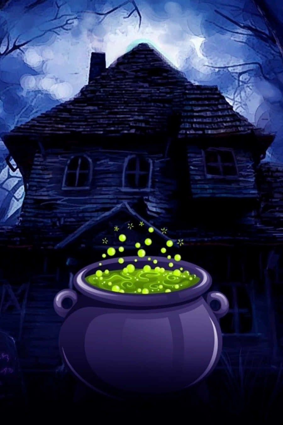 cauldron 桌布 壁紙 — 一個發光的綠色大鍋在月光下的天空下，在陰森鬼屋前冒著魔法泡泡。