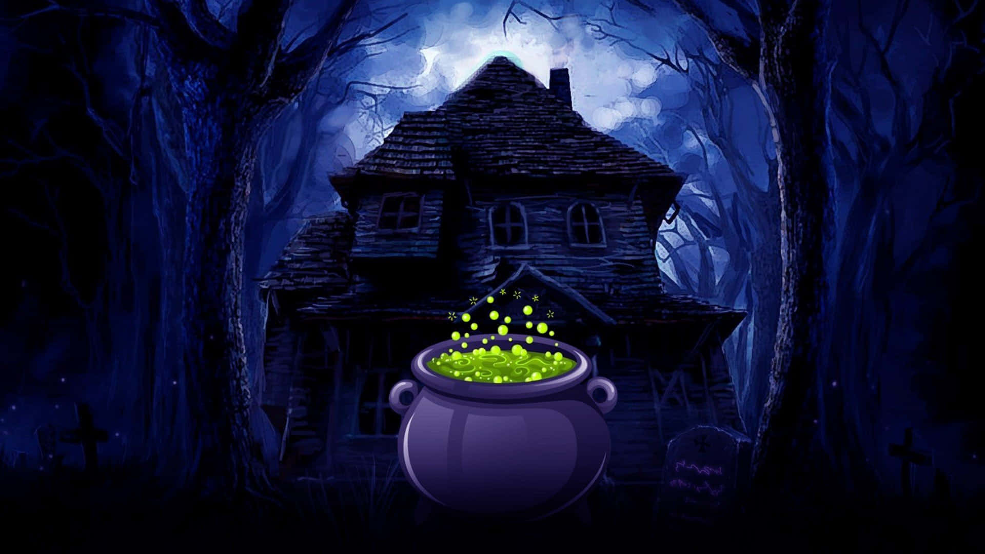 cauldron 桌布 壁紙 — 一個發光的綠色大鍋在月光下的鬼屋前冒著魔法泡泡。