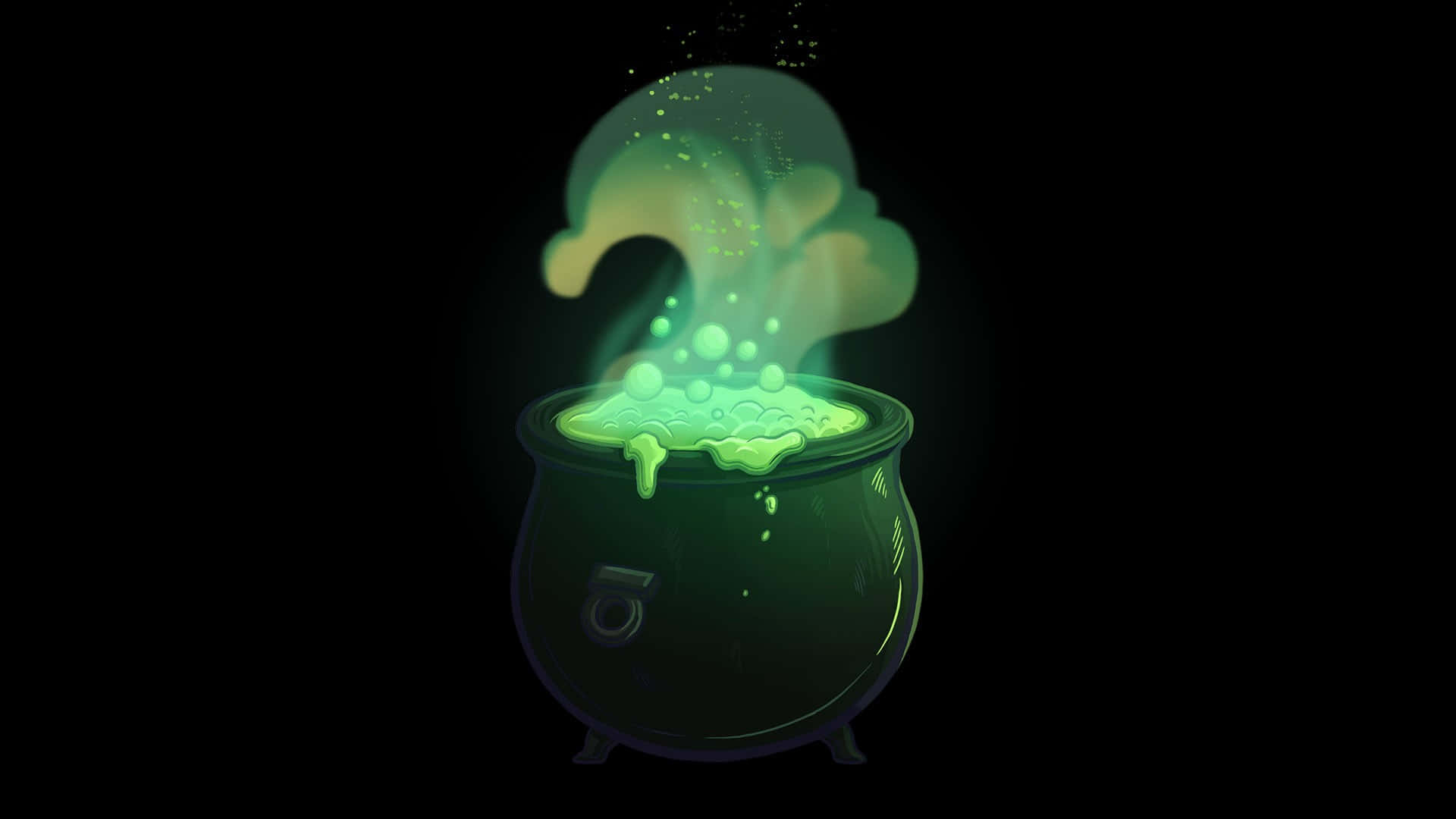 The Leaky Cauldron 桌布 壁紙 — 一個發光的綠色大鍋在黑色背景上冒泡並冒蒸汽，周圍有浮動粒子。